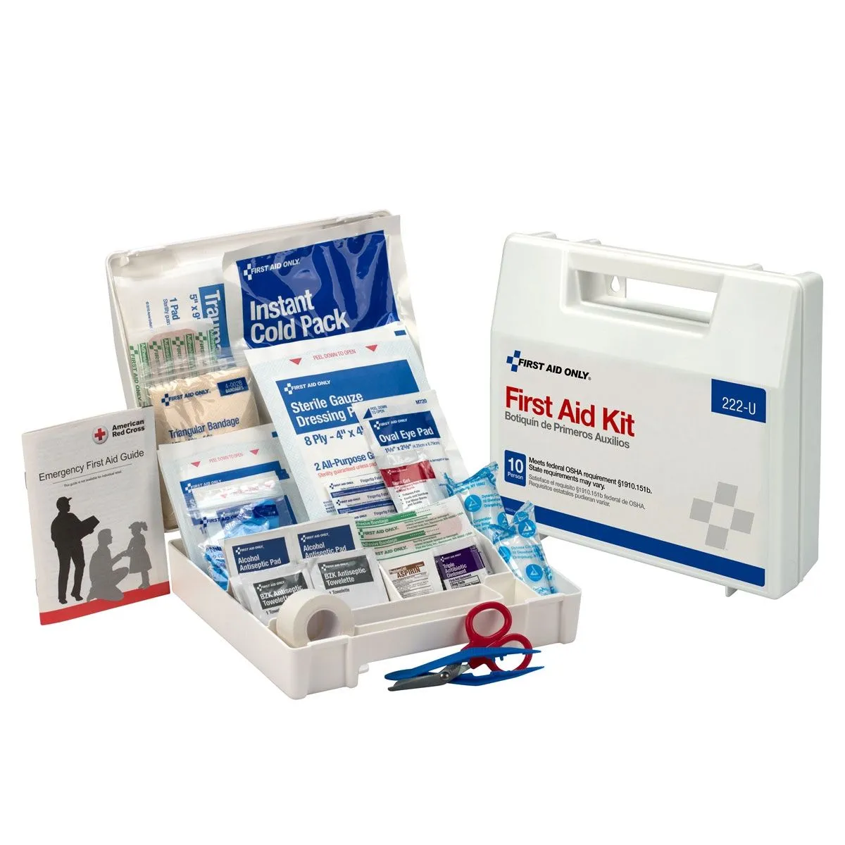 10 Person First Aid Kit, Plastic Case With Dividers - W-222-U