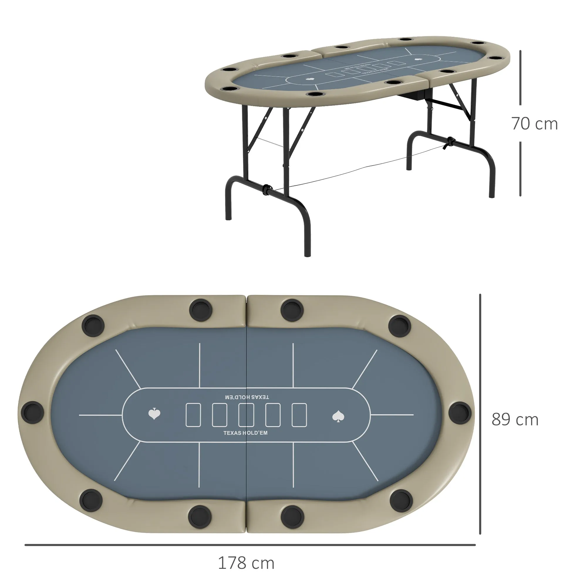 10 Player Folding Poker Table with Cup Holders, Steel Base, Brown