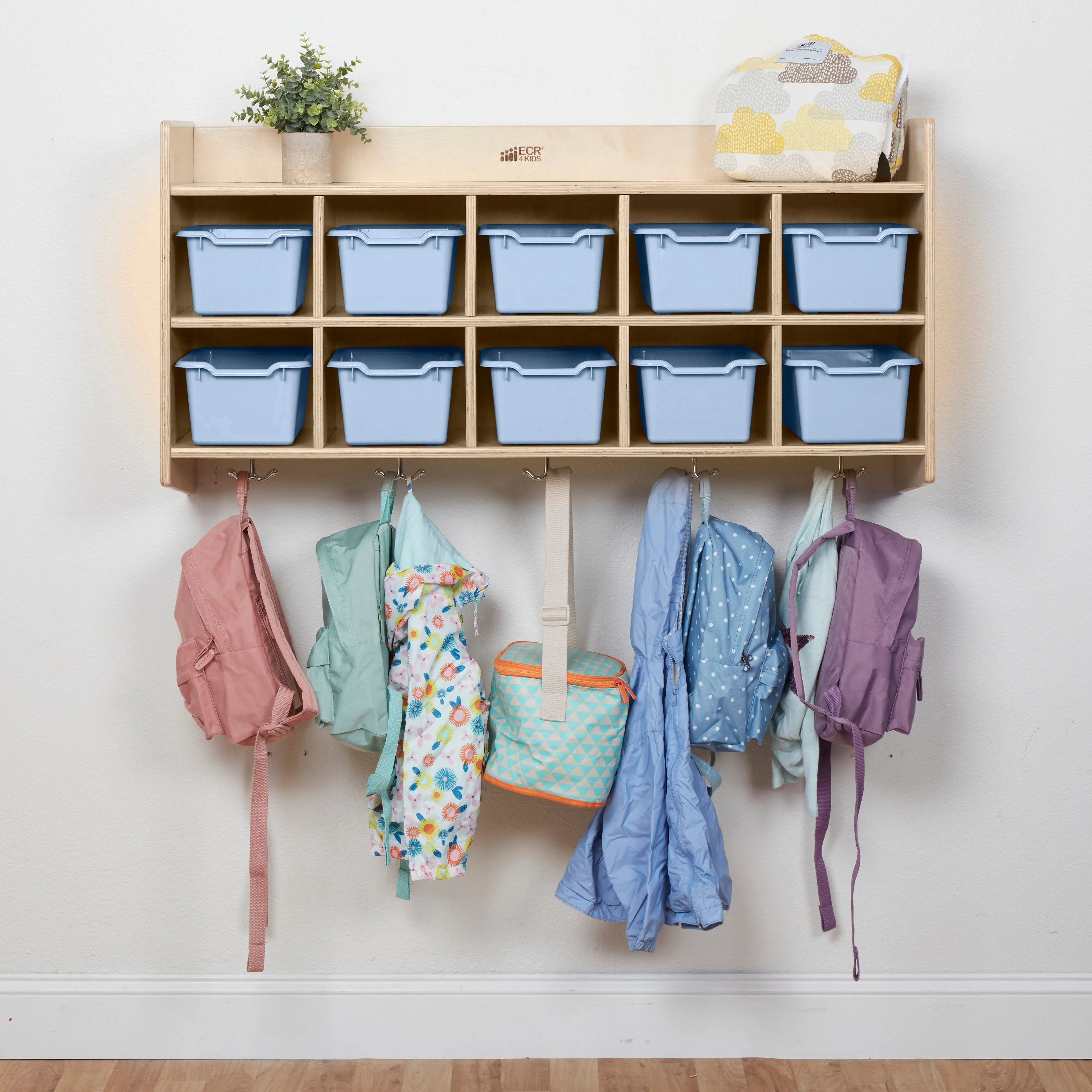 10-Section Hanging Coat Locker with Shelf and 10 Scoop Front Storage Bins, Natural