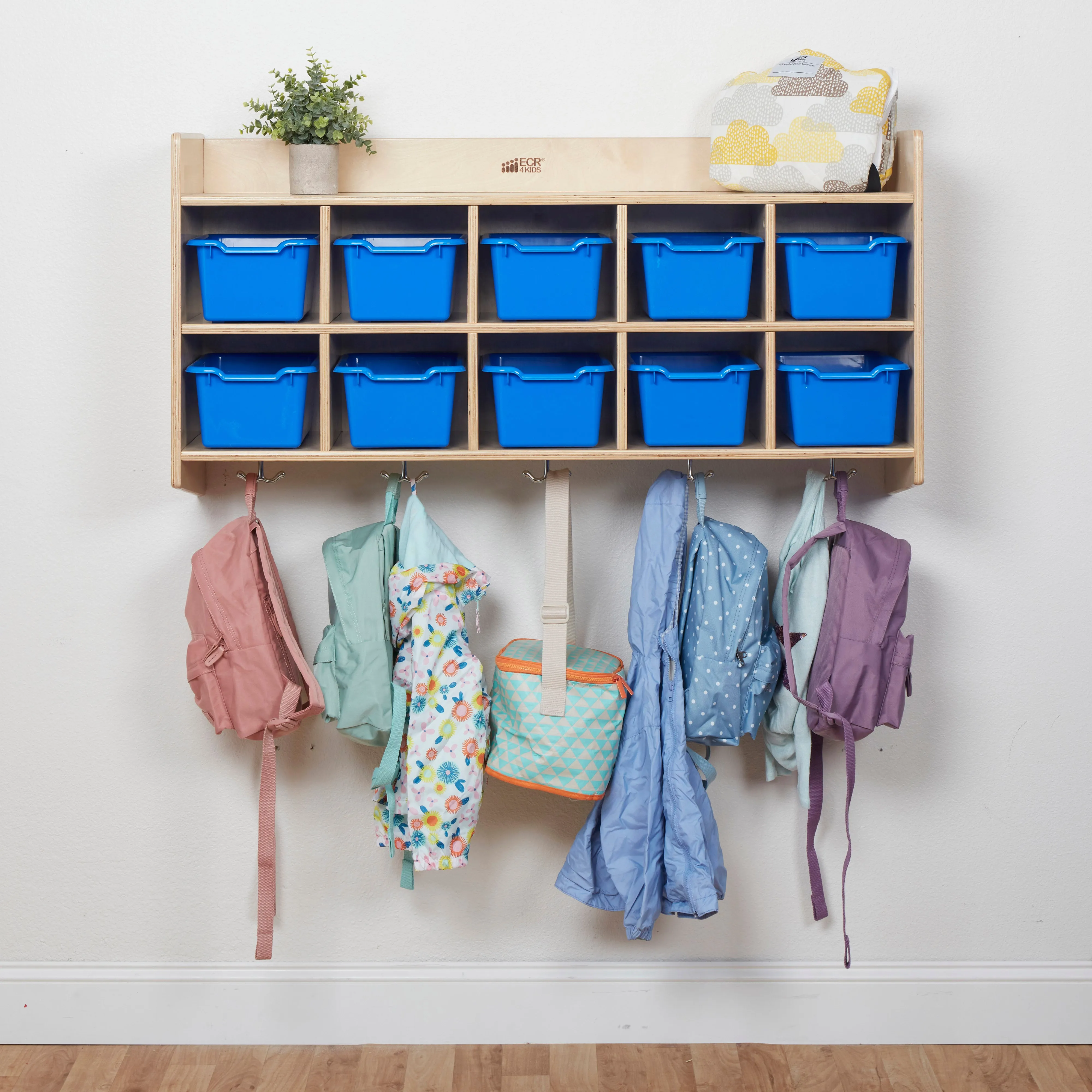 10-Section Hanging Coat Locker with Shelf and 10 Scoop Front Storage Bins, Natural