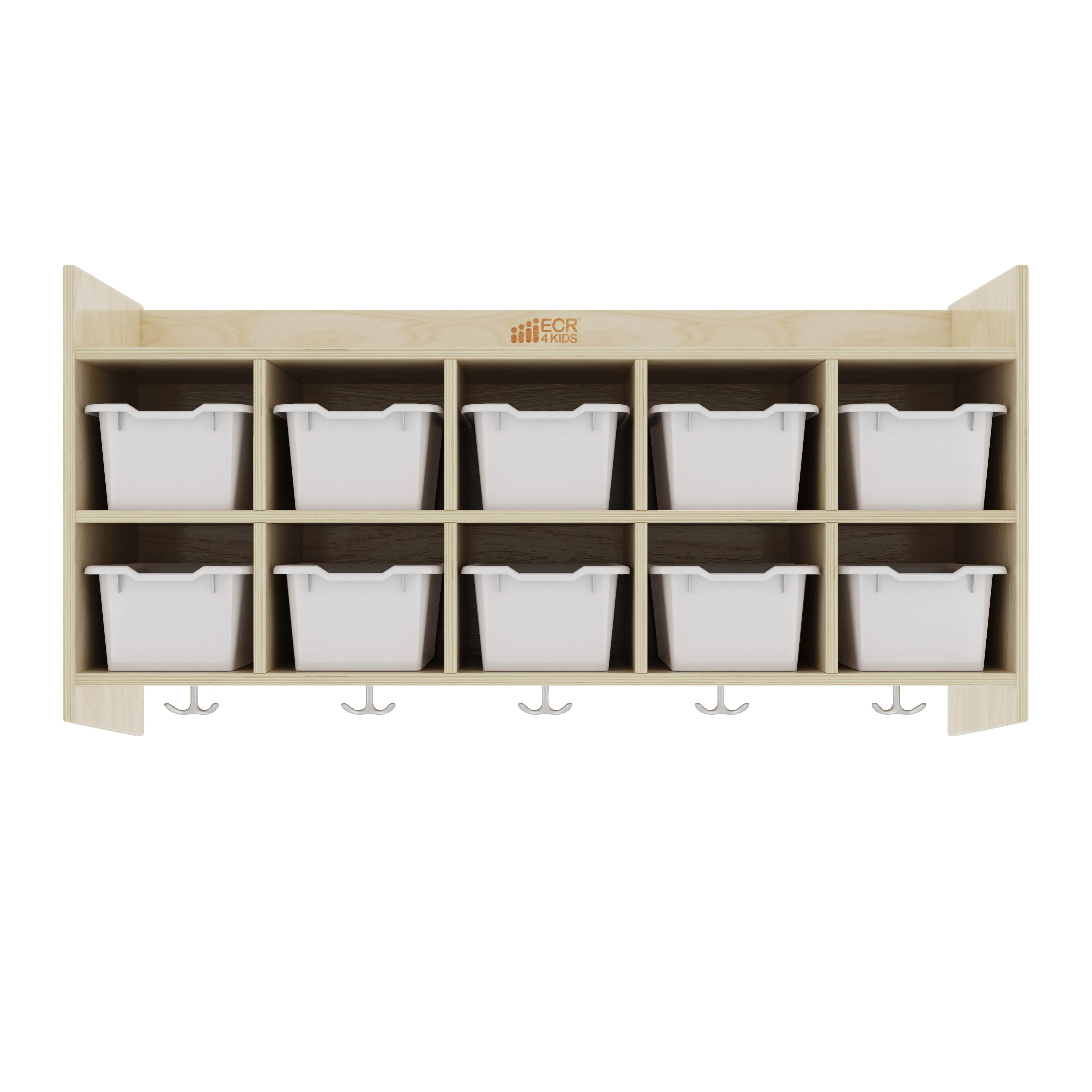 10-Section Hanging Coat Locker with Shelf and 10 Scoop Front Storage Bins, Natural