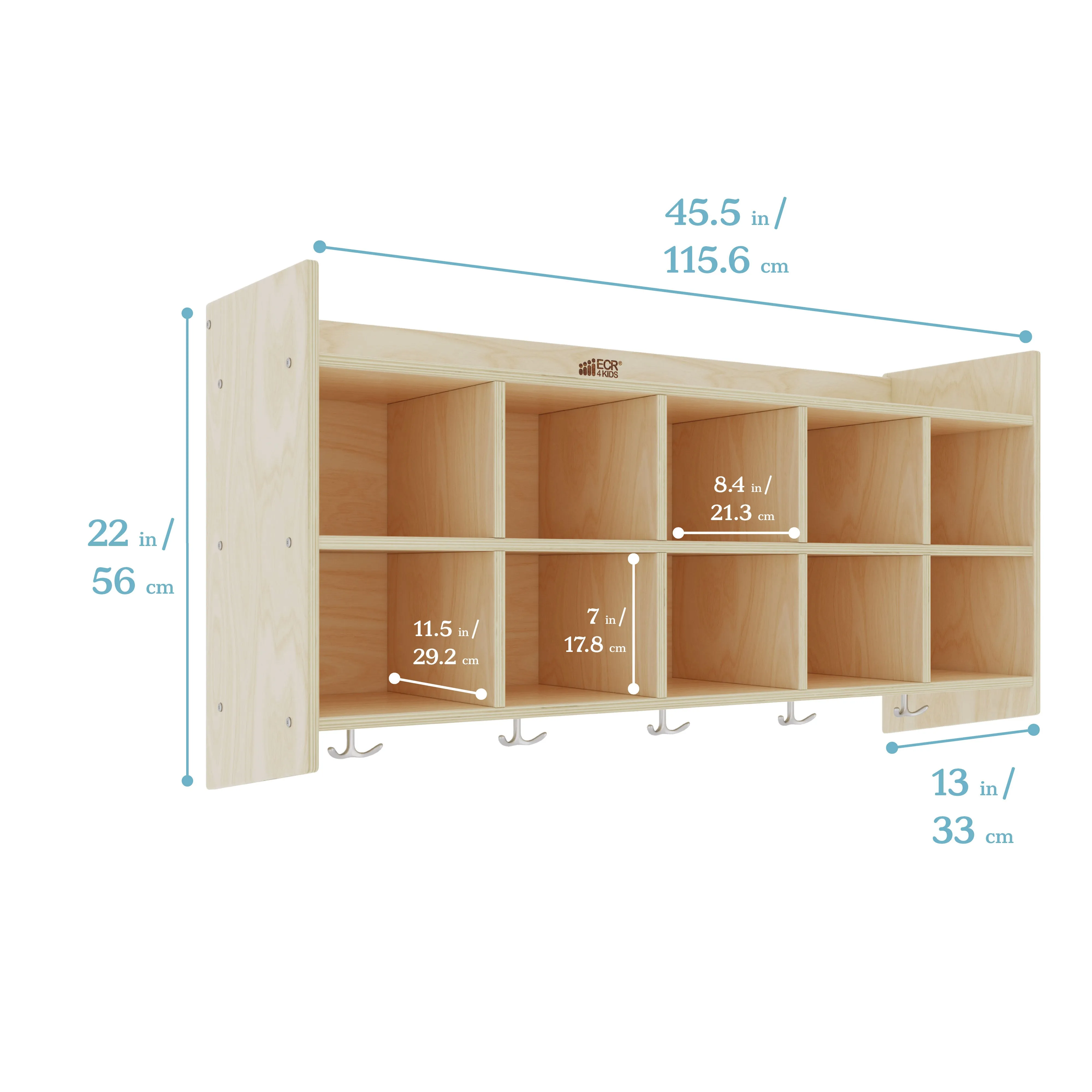 10-Section Hanging Coat Locker with Shelf and 10 Scoop Front Storage Bins, Natural