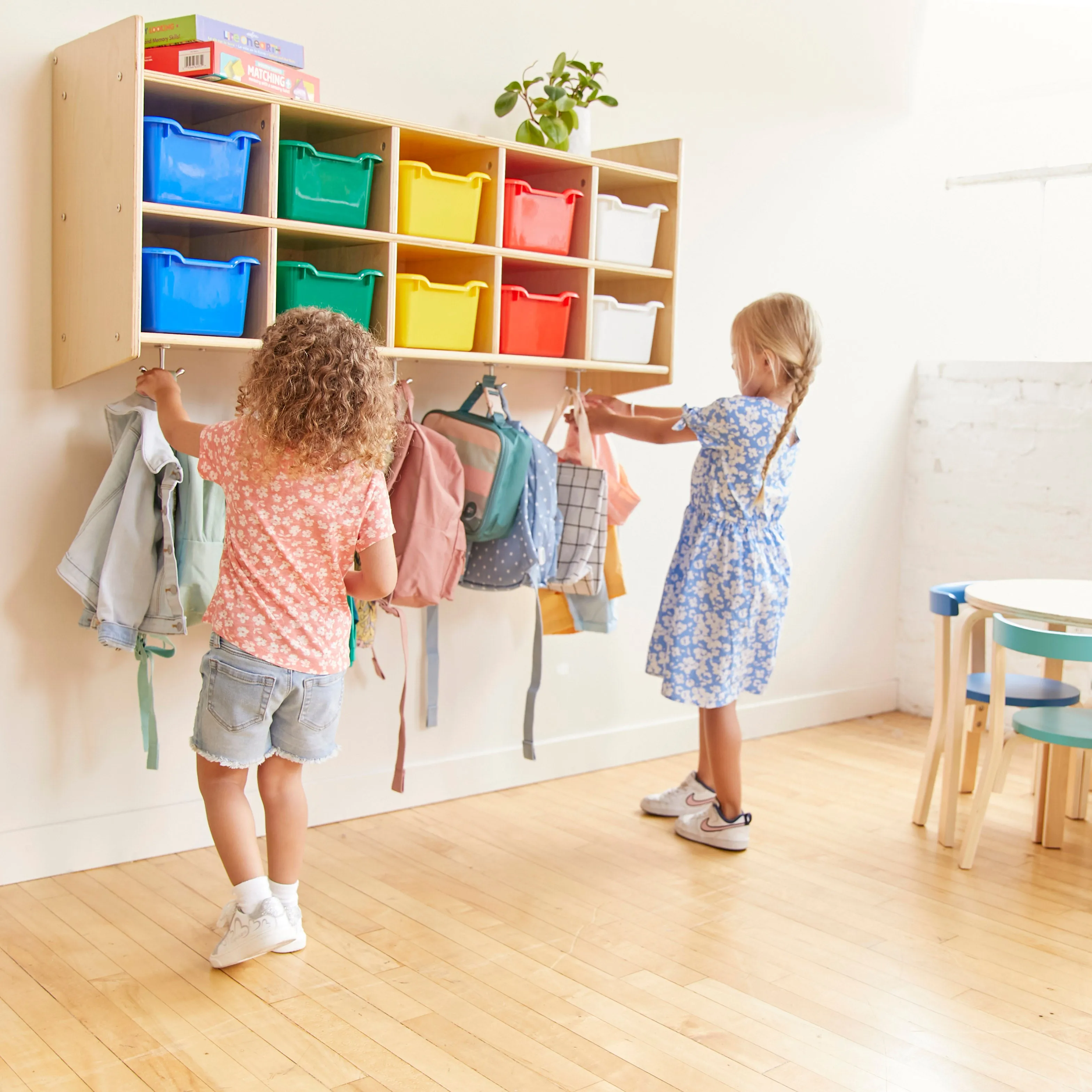 10-Section Hanging Coat Locker with Shelf and 10 Scoop Front Storage Bins, Natural