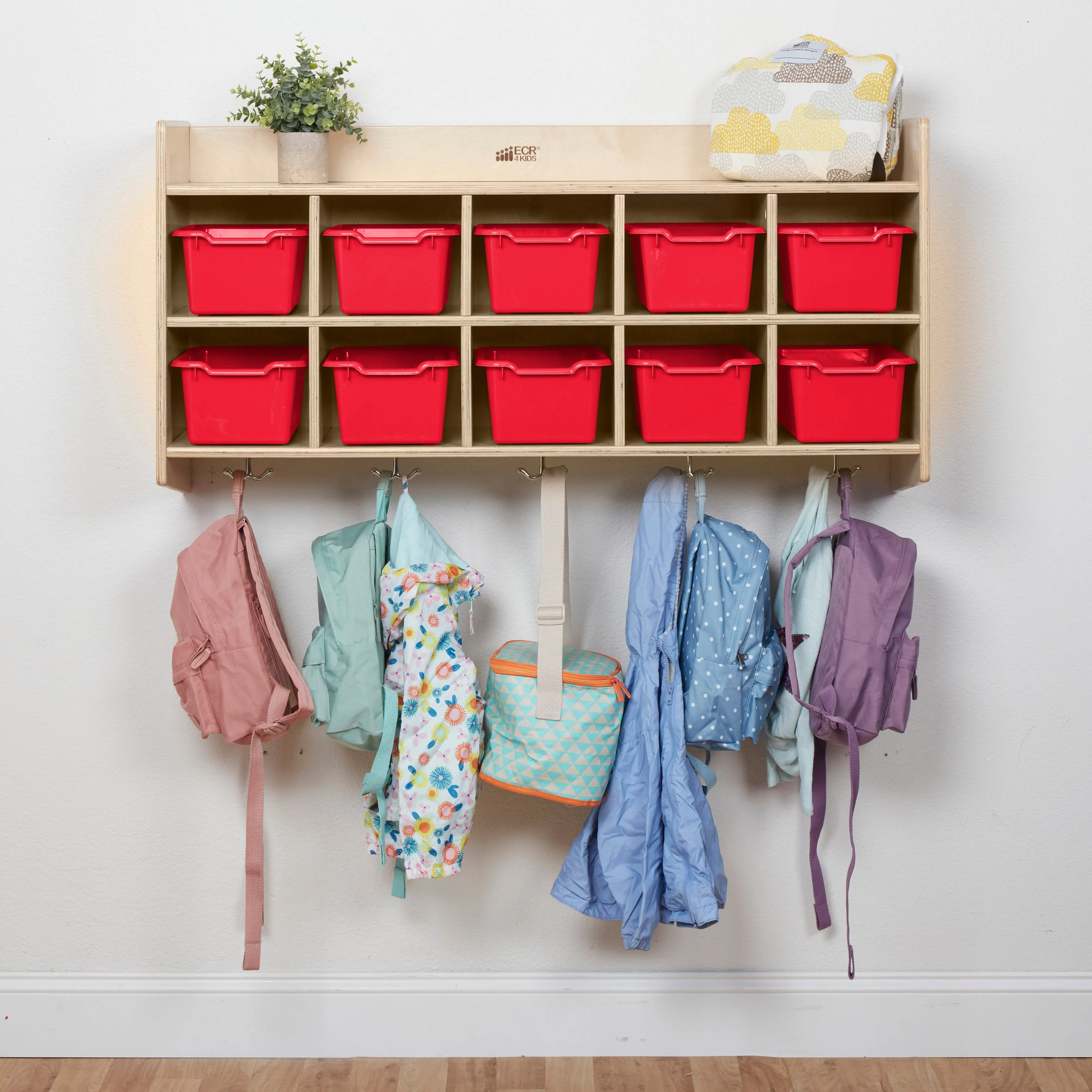 10-Section Hanging Coat Locker with Shelf and 10 Scoop Front Storage Bins, Natural