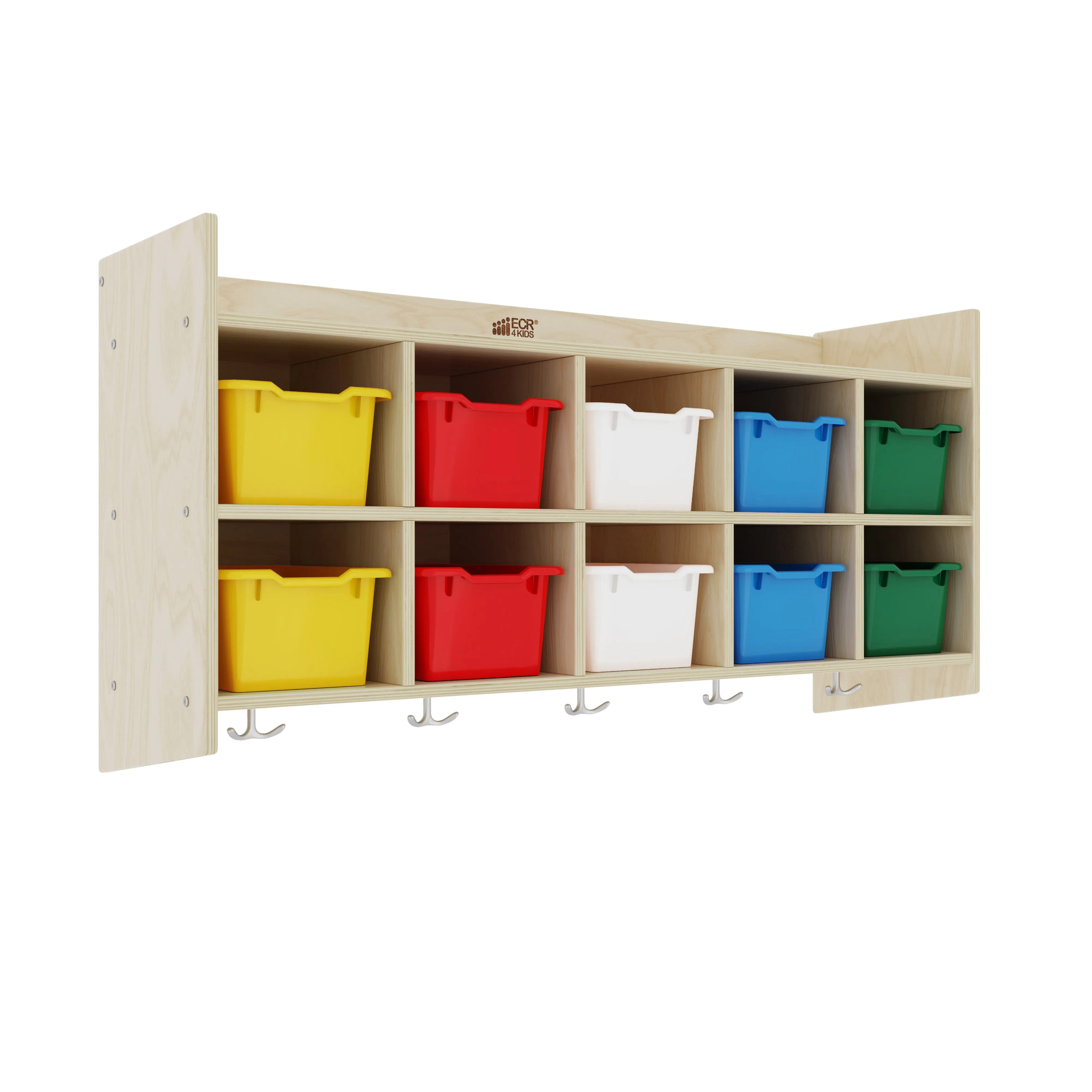 10-Section Hanging Coat Locker with Shelf and 10 Scoop Front Storage Bins, Natural