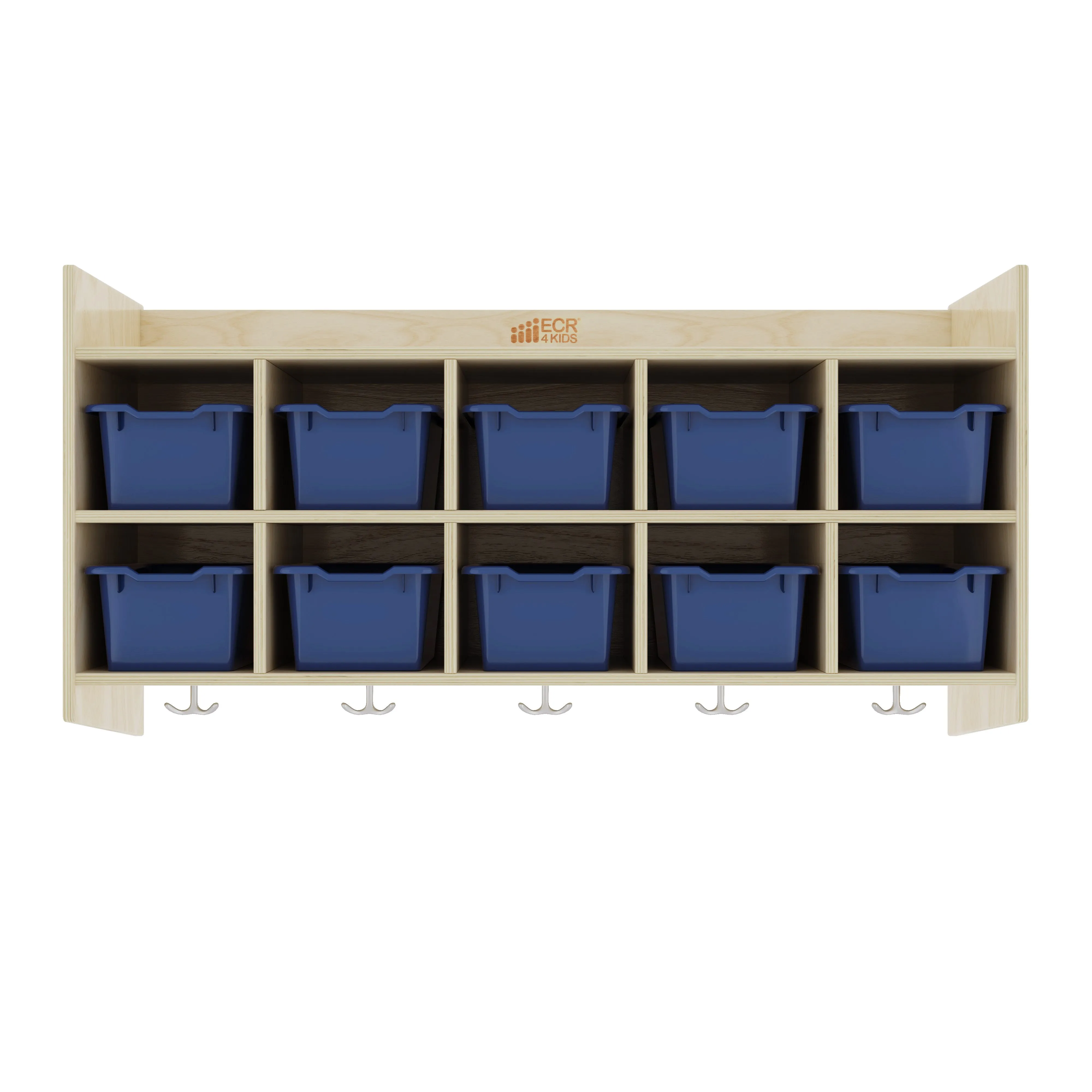 10-Section Hanging Coat Locker with Shelf and 10 Scoop Front Storage Bins, Natural