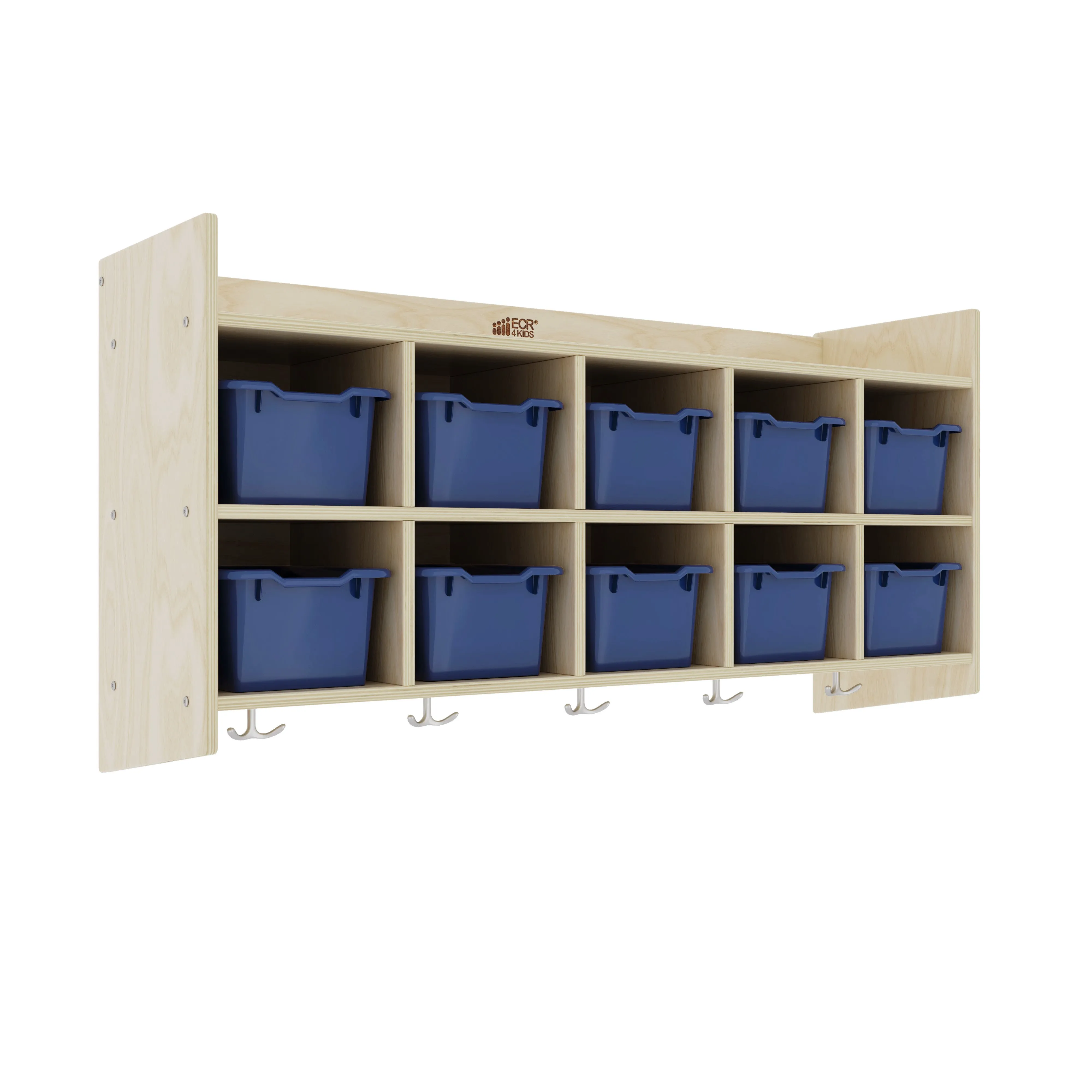 10-Section Hanging Coat Locker with Shelf and 10 Scoop Front Storage Bins, Natural