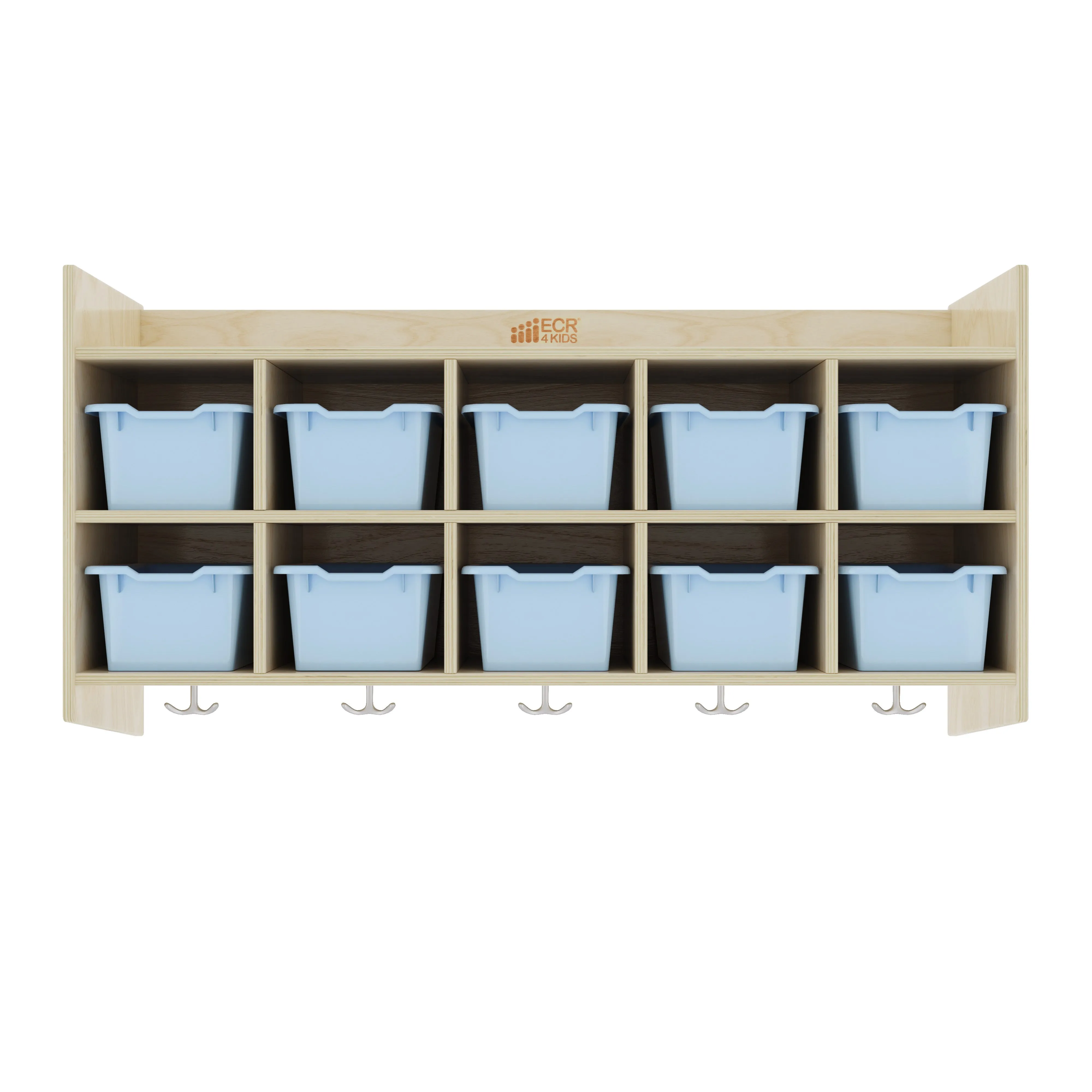 10-Section Hanging Coat Locker with Shelf and 10 Scoop Front Storage Bins, Natural