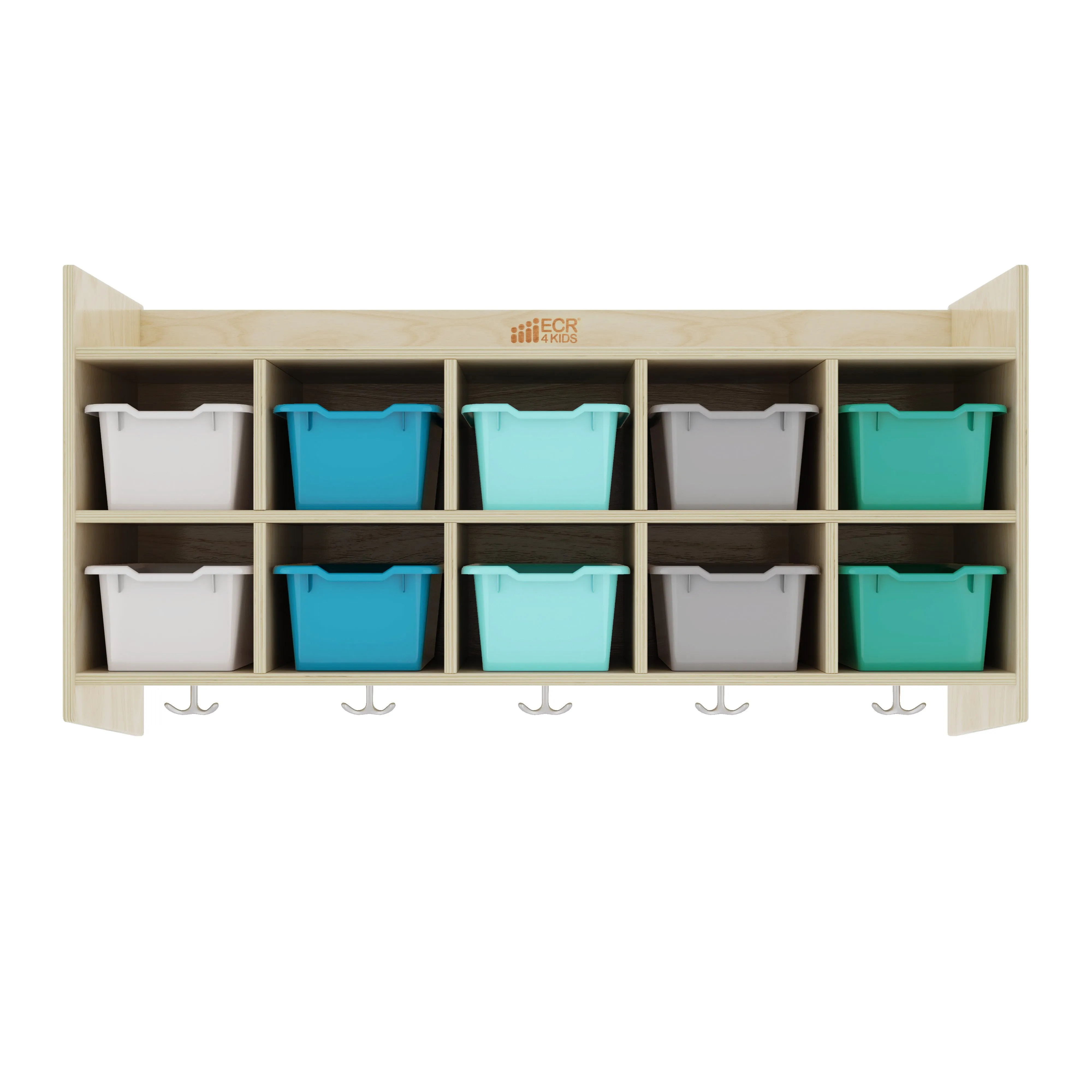 10-Section Hanging Coat Locker with Shelf and 10 Scoop Front Storage Bins, Natural