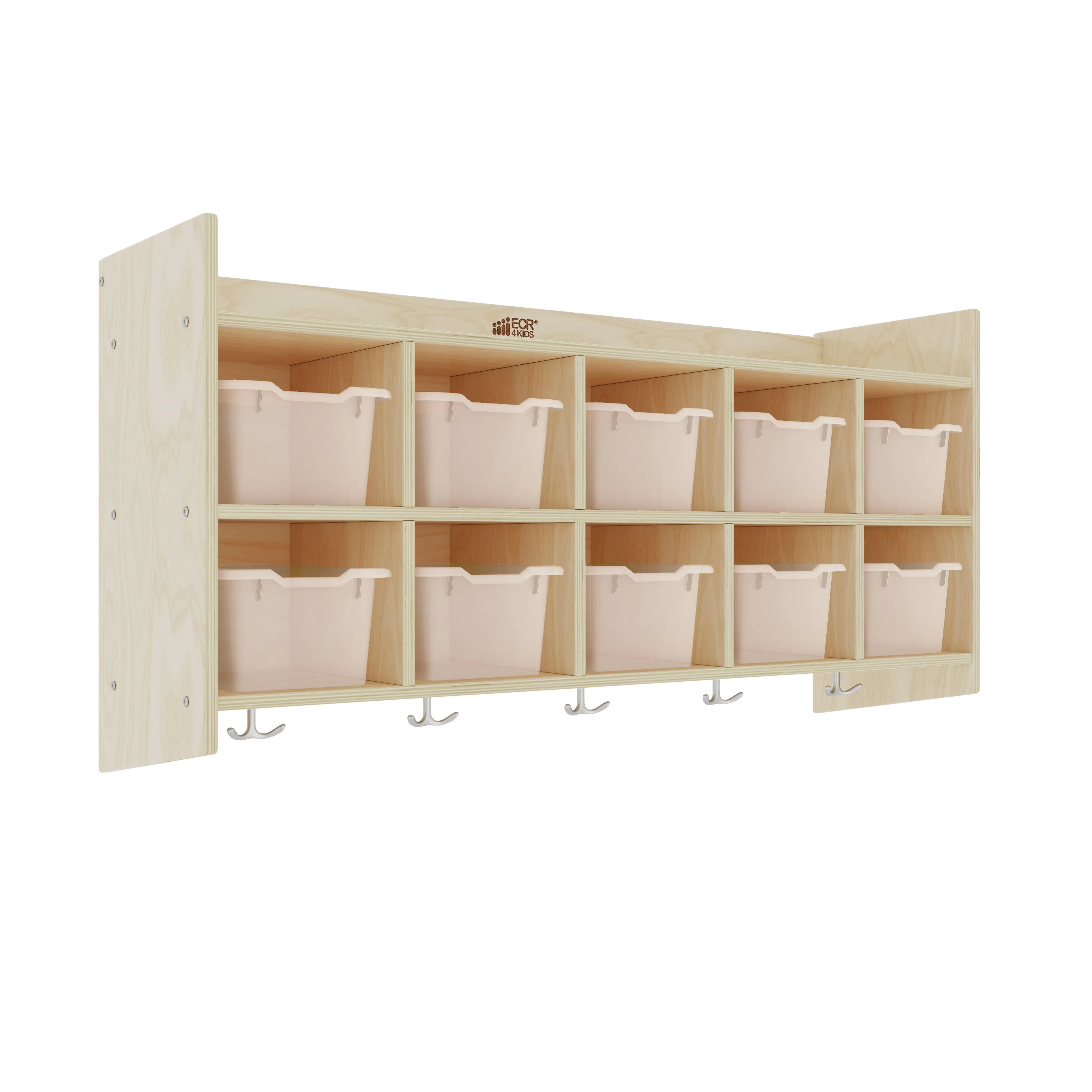 10-Section Hanging Coat Locker with Shelf and 10 Scoop Front Storage Bins, Natural