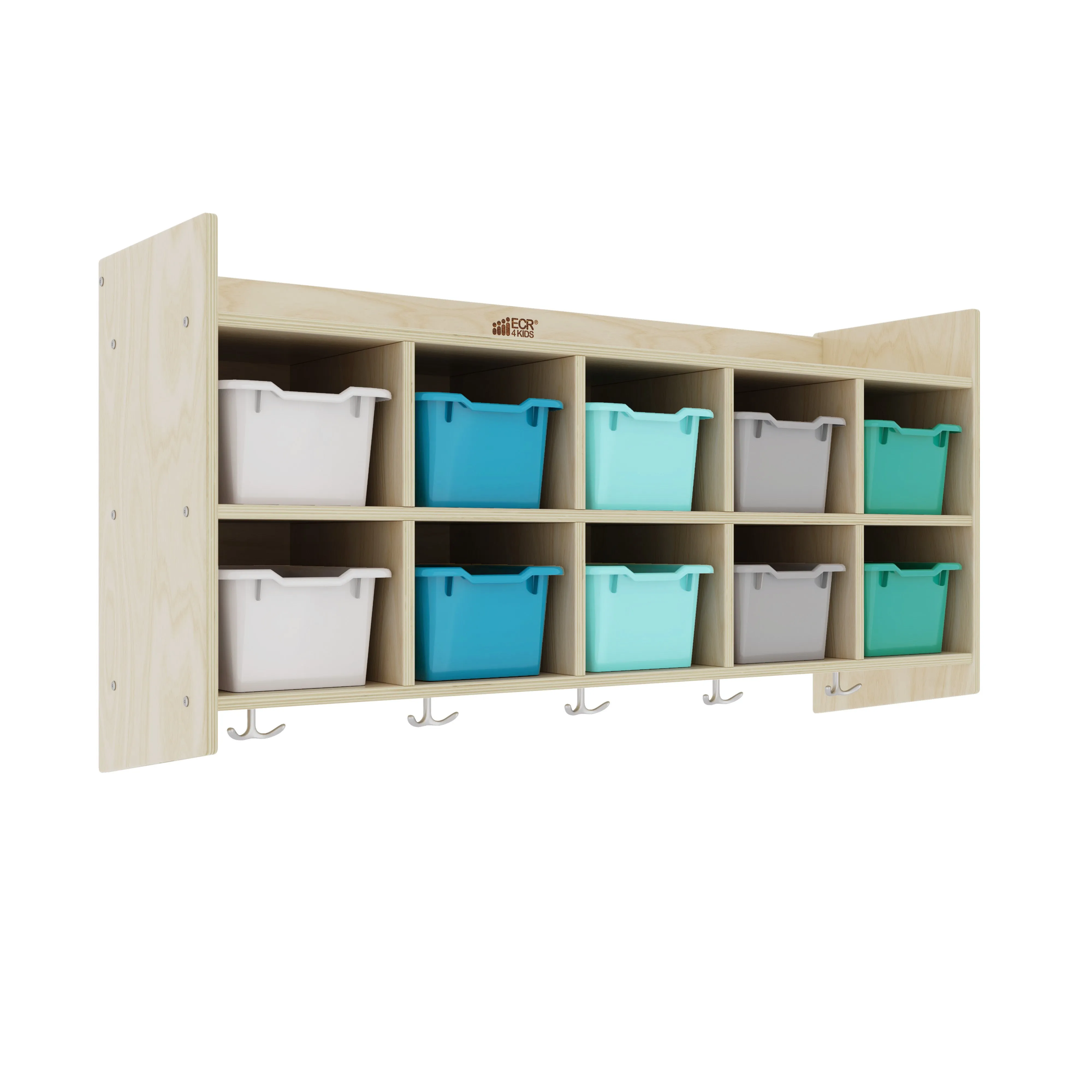 10-Section Hanging Coat Locker with Shelf and 10 Scoop Front Storage Bins, Natural