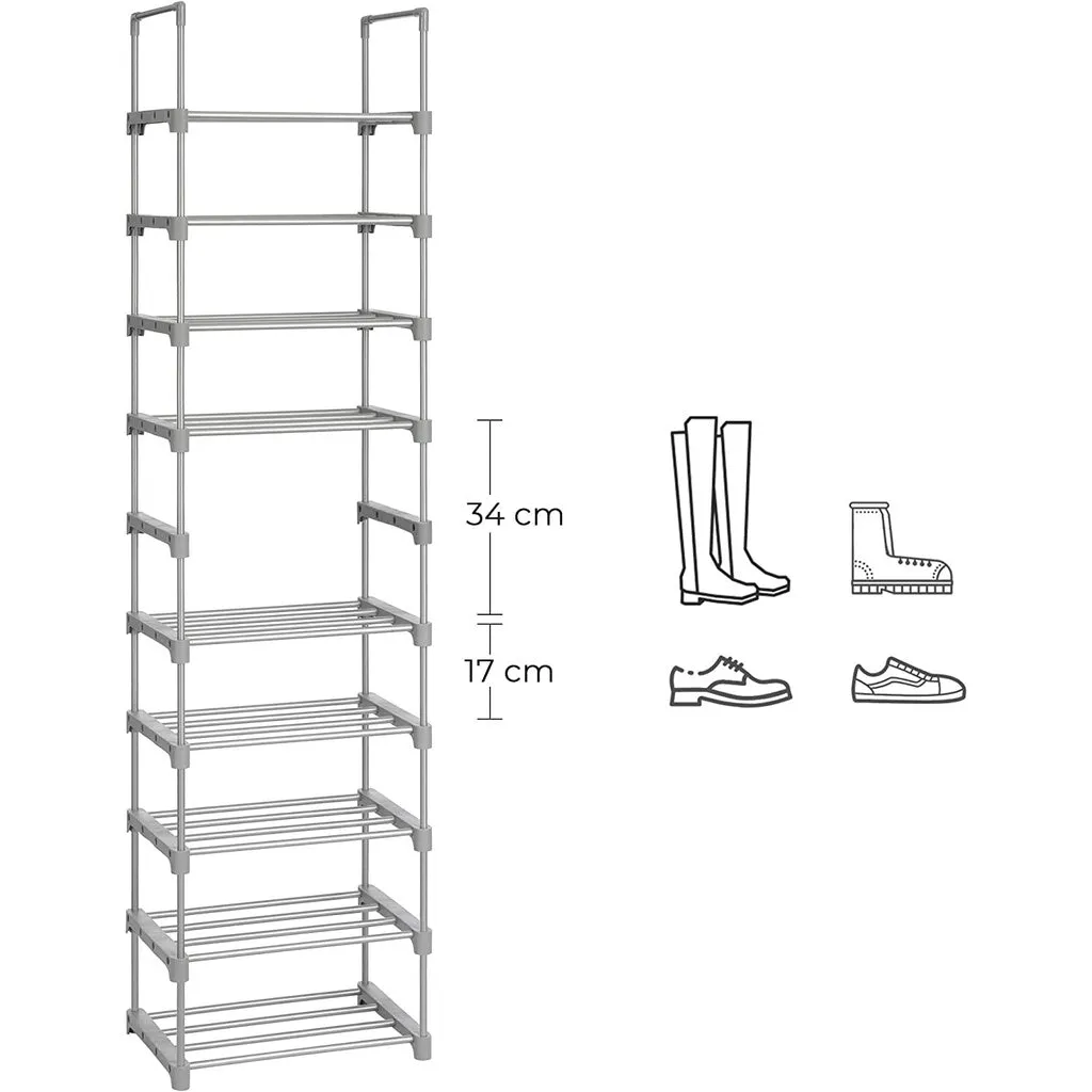 10-Tier Customizable Metal Shoe Rack, 50kg Load, Grey