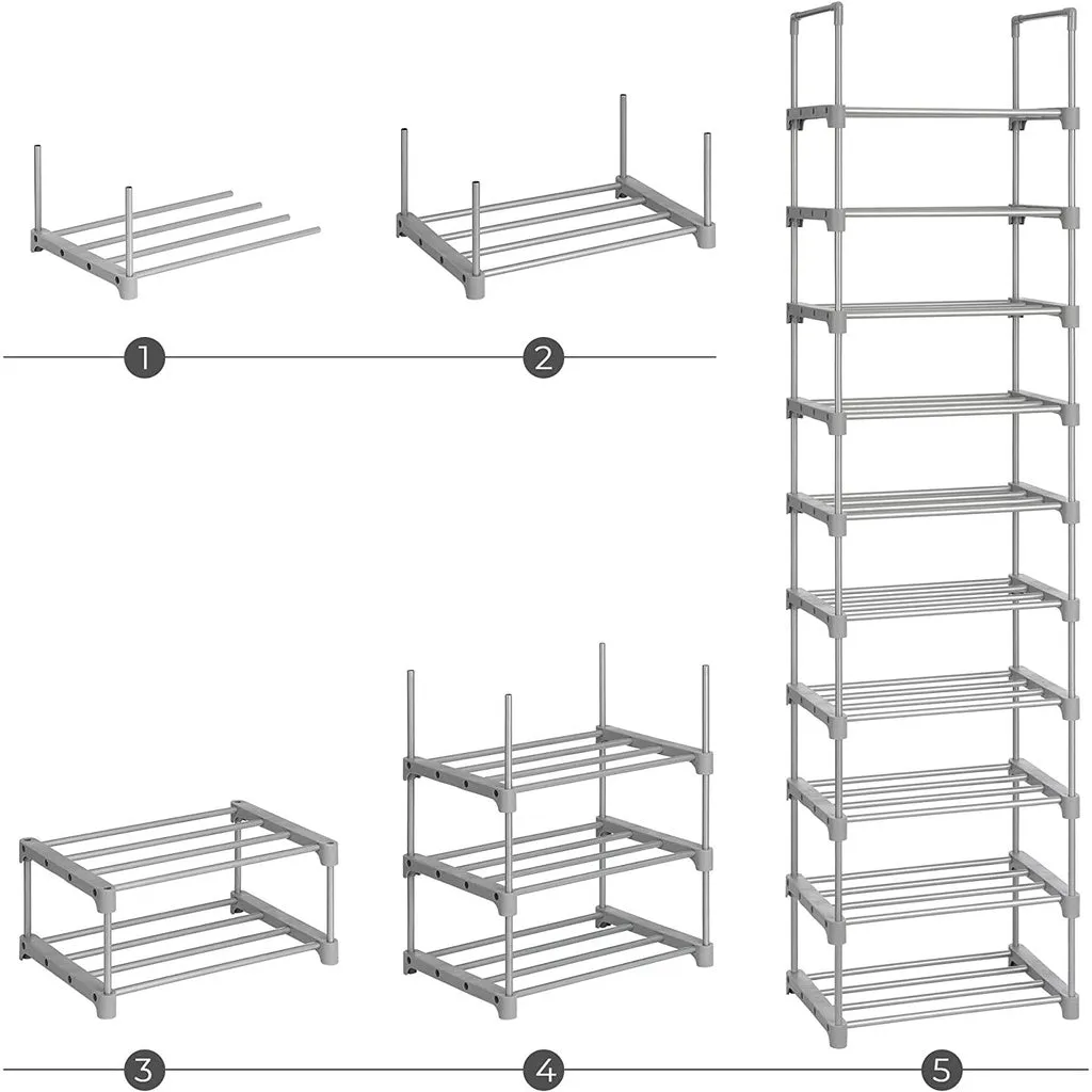 10-Tier Customizable Metal Shoe Rack, 50kg Load, Grey