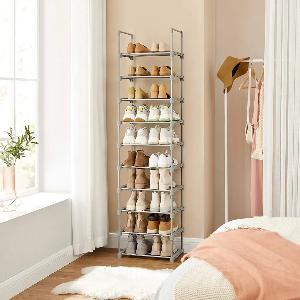 10-Tier Customizable Metal Shoe Rack, 50kg Load, Grey