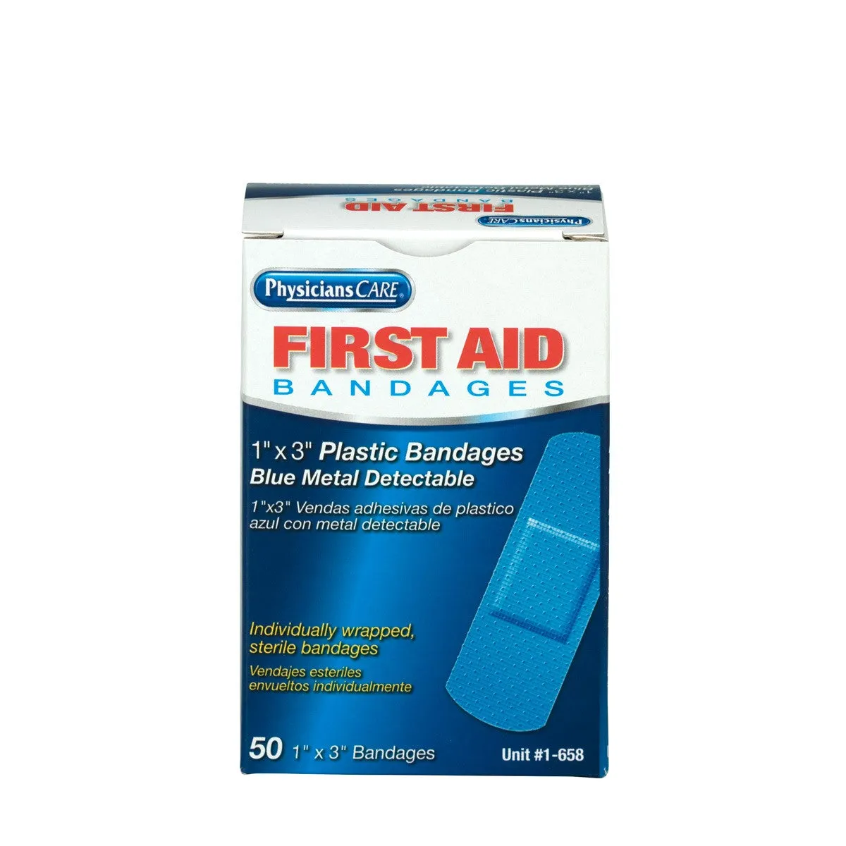 1"X3" Blue Metal Detectable Plastic Bandages, 50 Per Box - W-1-658