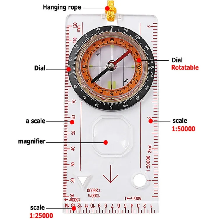 2 in 1 Compass with Map Measuring Ruler Lanyard Emergency Survival Tool(Transparent)