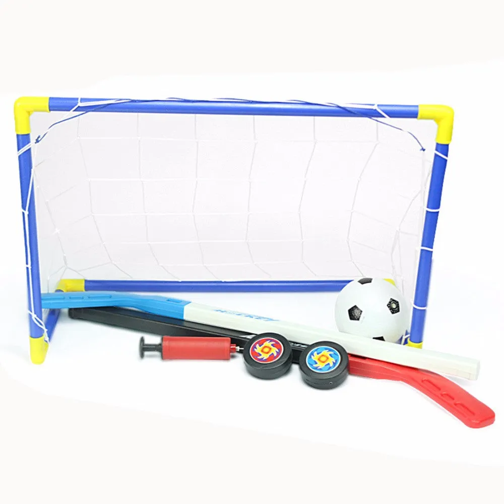 2 in 1 Outdoor/Indoor Kids Sports Soccer & Ice Hockey Goals with Balls and Pump Practice Scrimmage Game Football  Toy Set