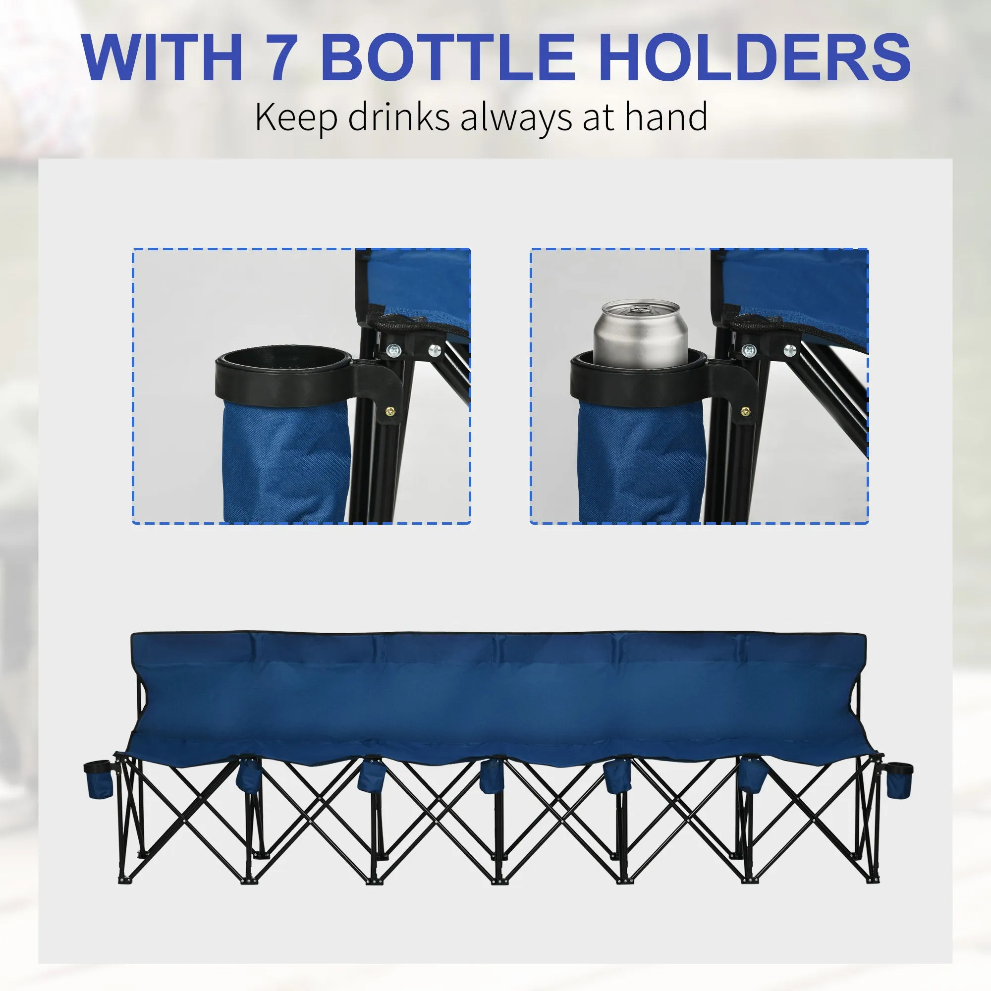 6 Seater Folding Sports Bench Outdoor Picnic Camping Portable Spectator Chair Steel Frame w/ Cup Holder & Carry Bag - Blue