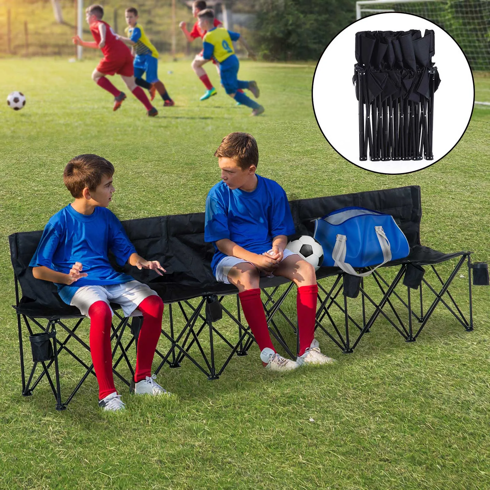 6 Seater Folding Sports Bench Outdoor Picnic Camping Portable Spectator Chair Steel Frame w/Cup Holder & Carry Bag - Black