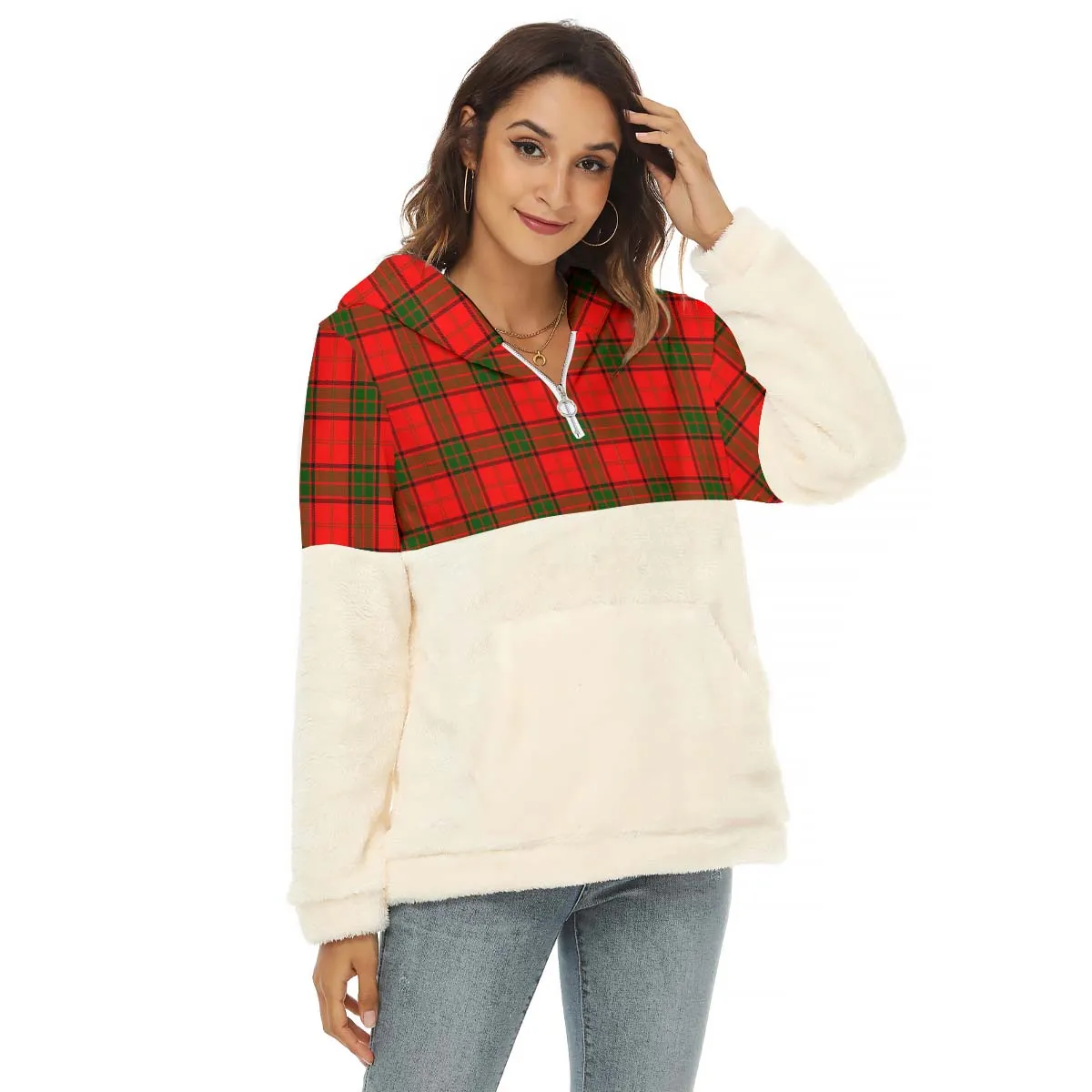 Adair Tartan Women's Borg Fleece Hoodie With Half Zip