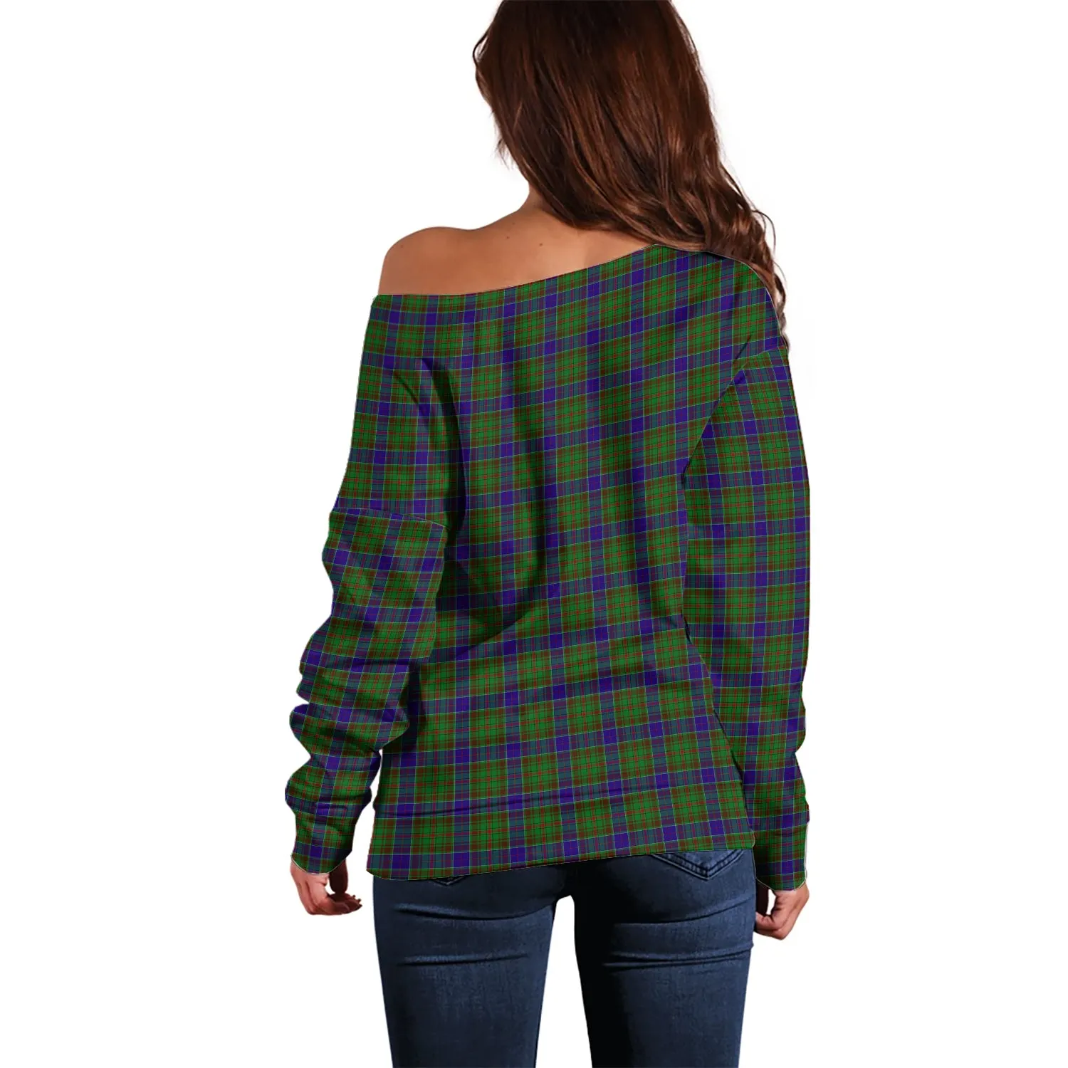 Adam Tartan Off Shoulder Women Sweater with Family Crest