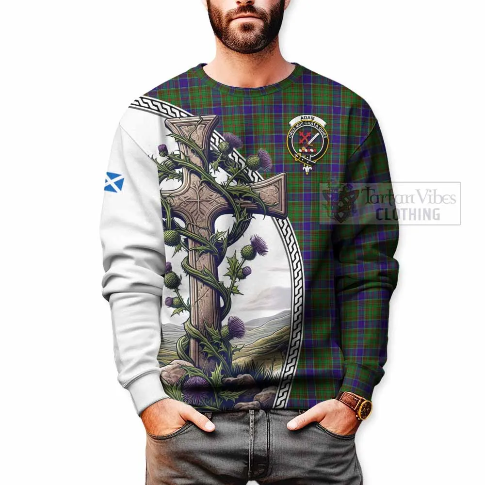 Adam Tartan Sweatshirt with Family Crest and St. Andrew's Cross Accented by Thistle Vines