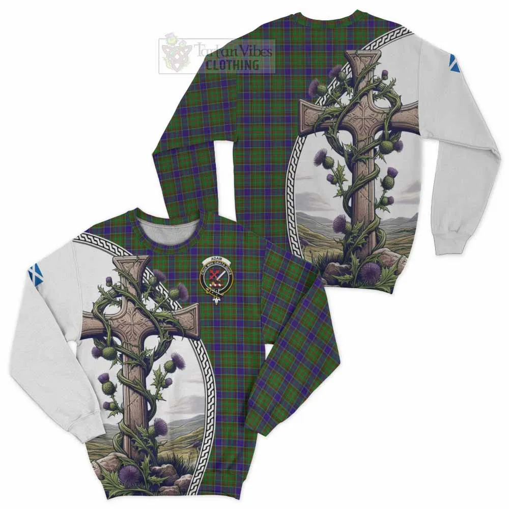 Adam Tartan Sweatshirt with Family Crest and St. Andrew's Cross Accented by Thistle Vines