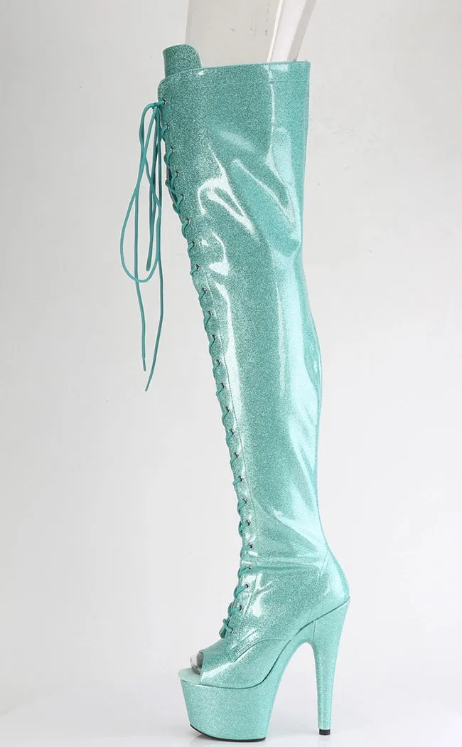 ADORE-3021GP Aqua Glitter Patent Thigh High Boots