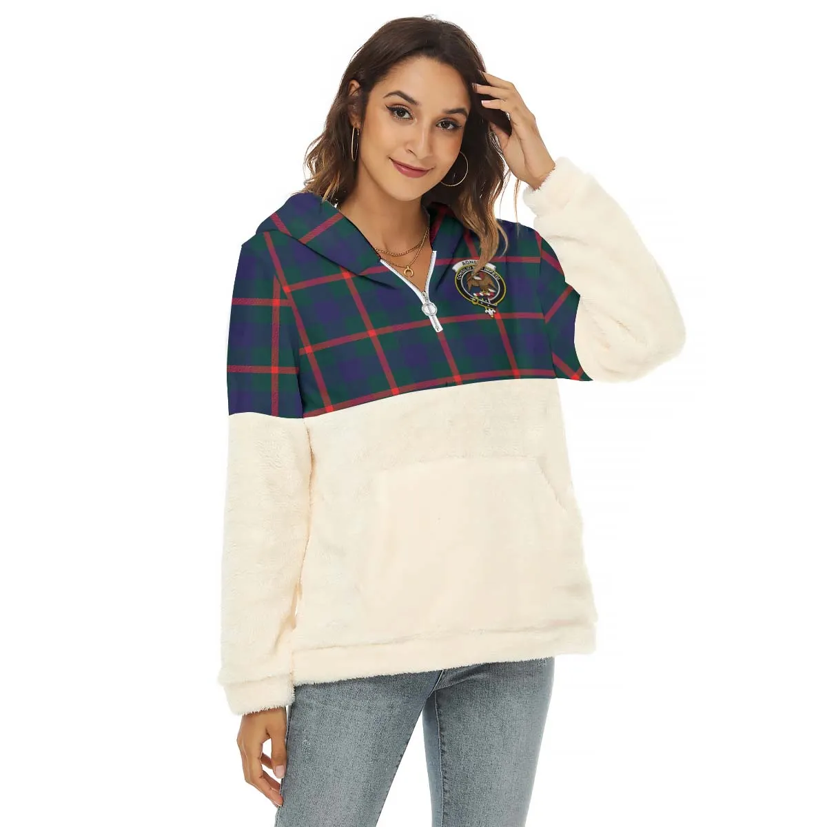 Agnew Tartan Women's Borg Fleece Hoodie With Half Zip with Family Crest