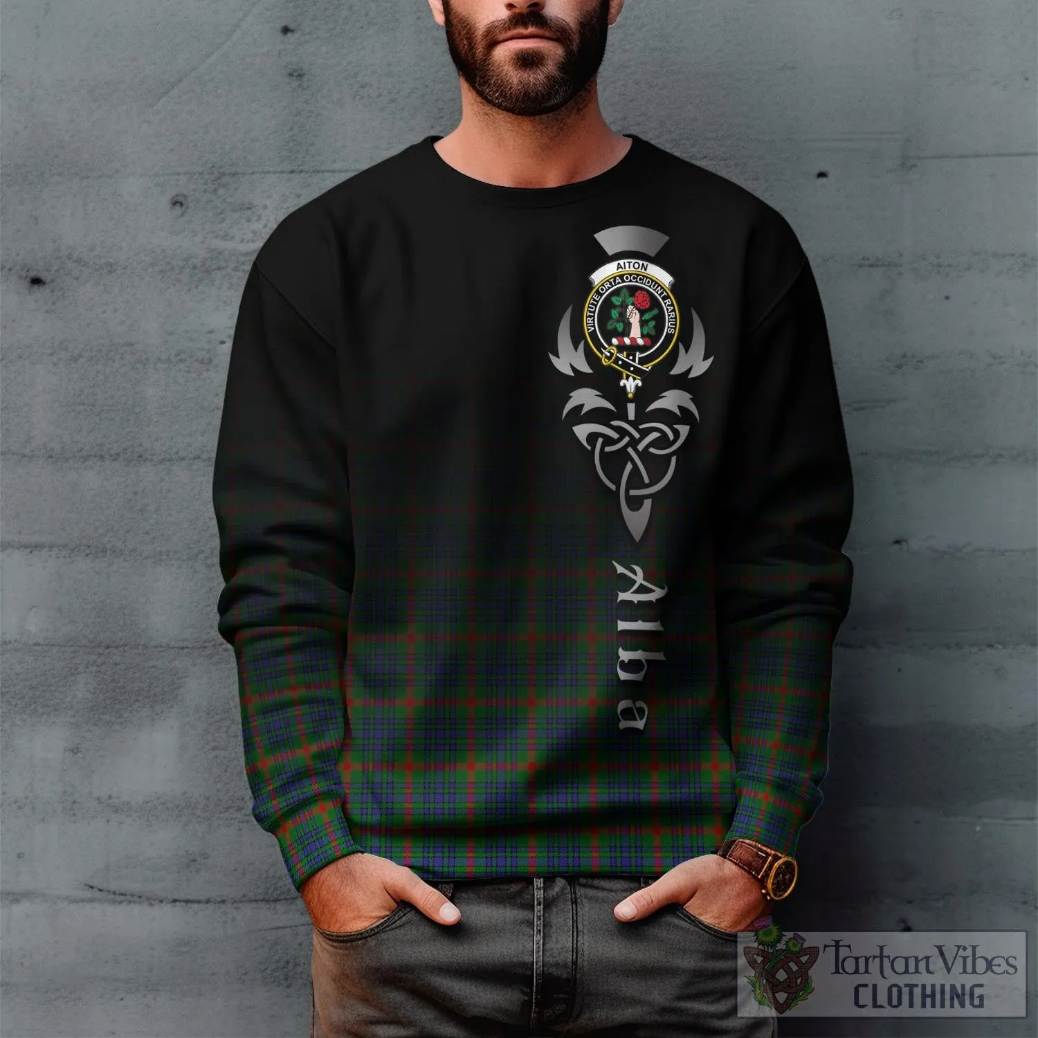 Aiton Tartan Sweatshirt Featuring Alba Gu Brath Family Crest Celtic Inspired