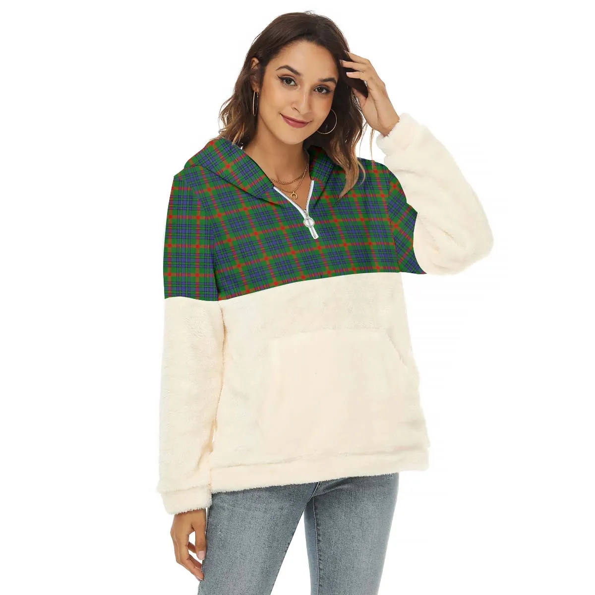 Aiton Tartan Women's Borg Fleece Hoodie With Half Zip