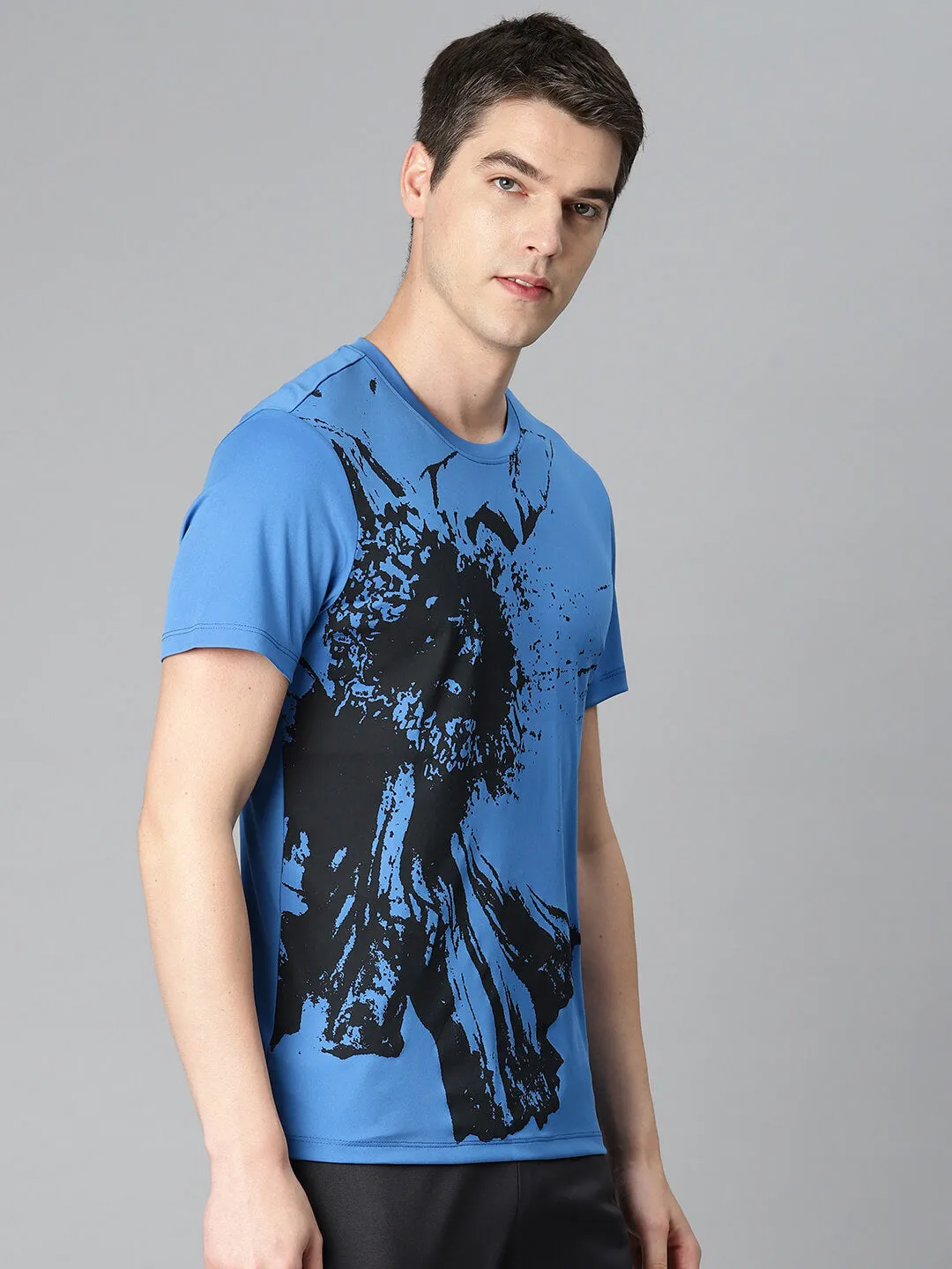 Alcis Men Blue Printed Anti Static Slim Fit Sports T-shirt