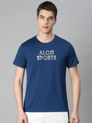 Alcis Men Navy Blue Typography Printed Anti Static Slim Fit Sports T-shirt