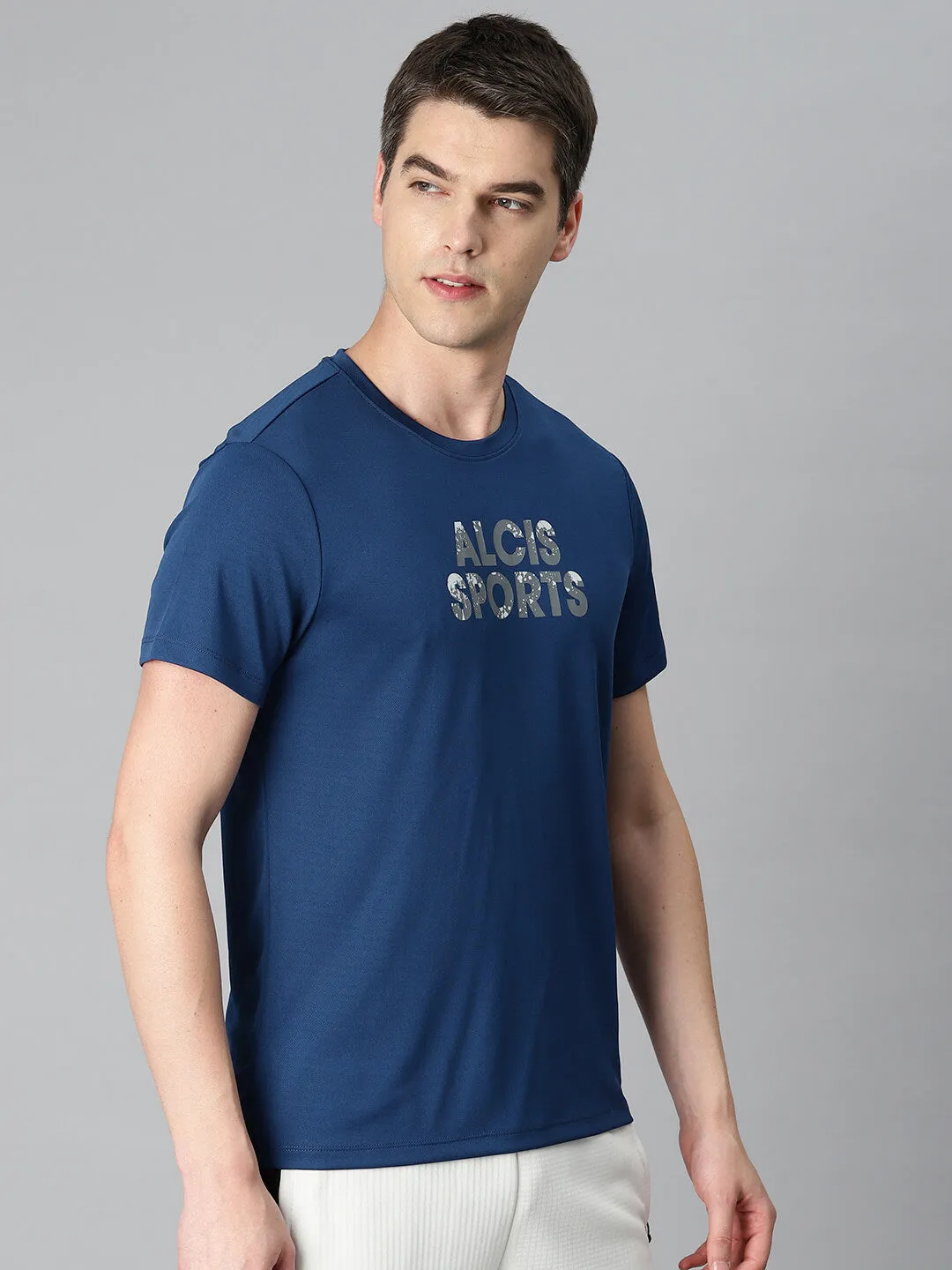 Alcis Men Navy Blue Typography Printed Anti Static Slim Fit Sports T-shirt