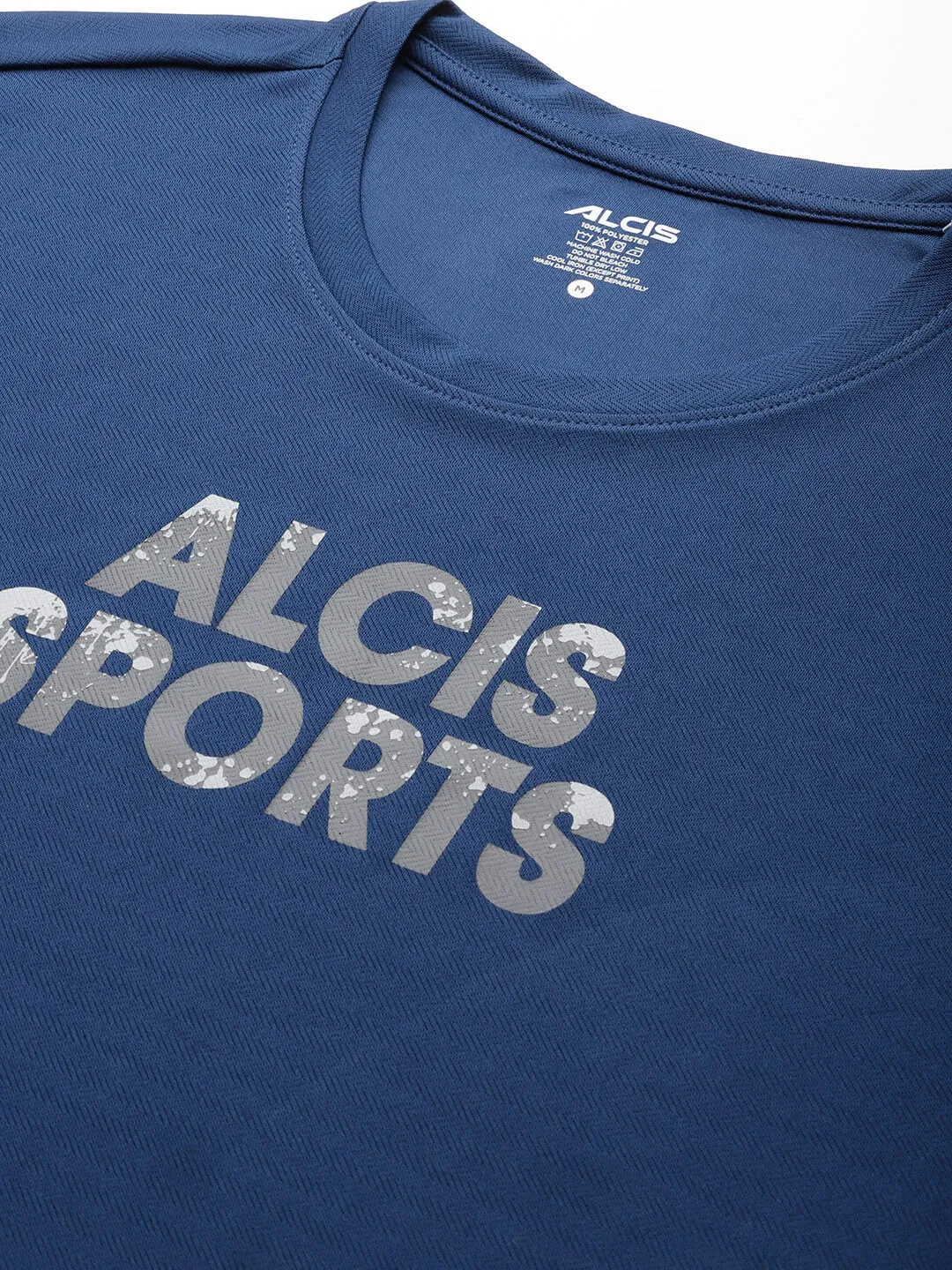 Alcis Men Navy Blue Typography Printed Anti Static Slim Fit Sports T-shirt