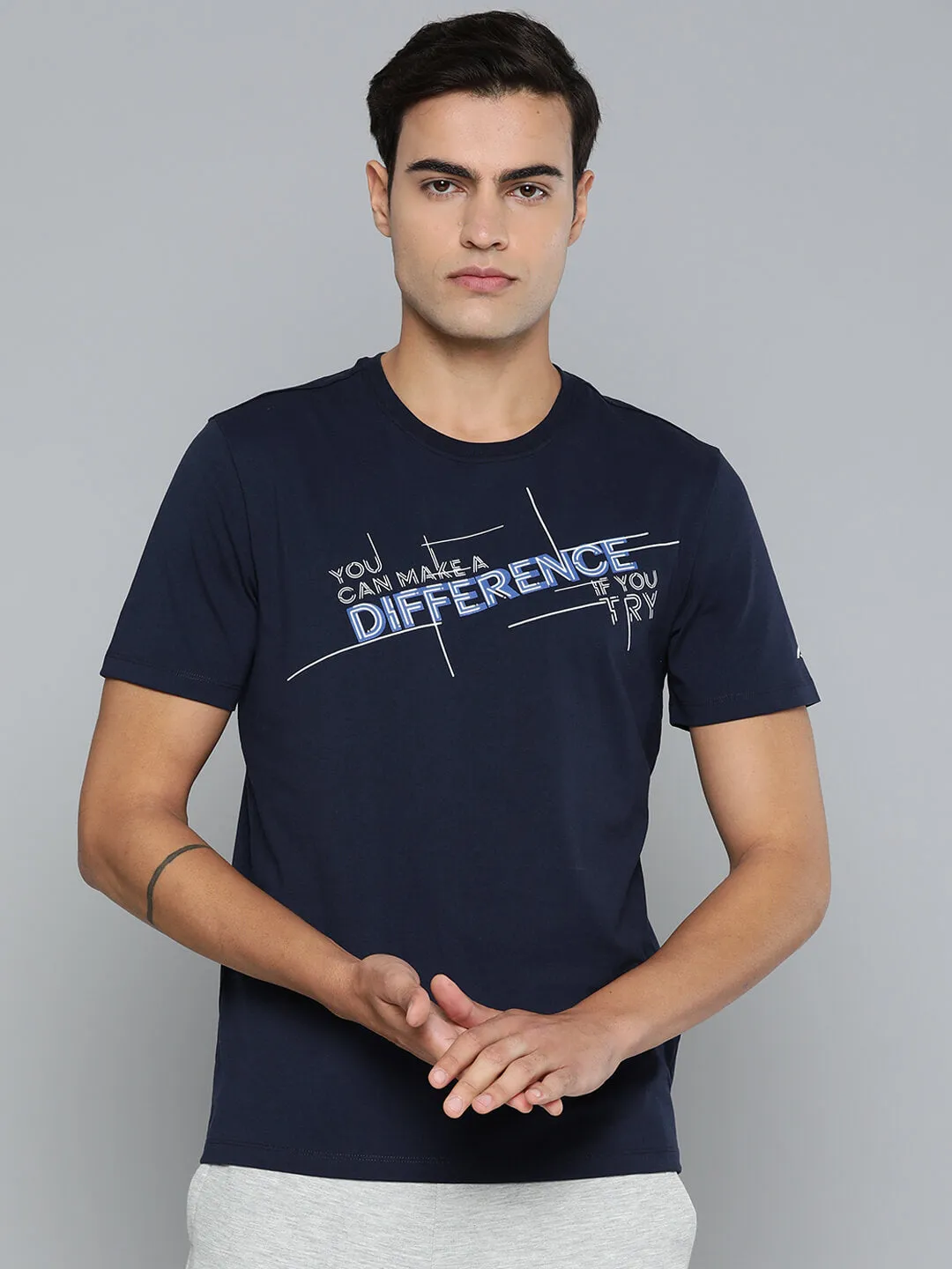 Alcis Men Navy Blue Typography Printed Dry Tech Slim Fit Sports T-shirt