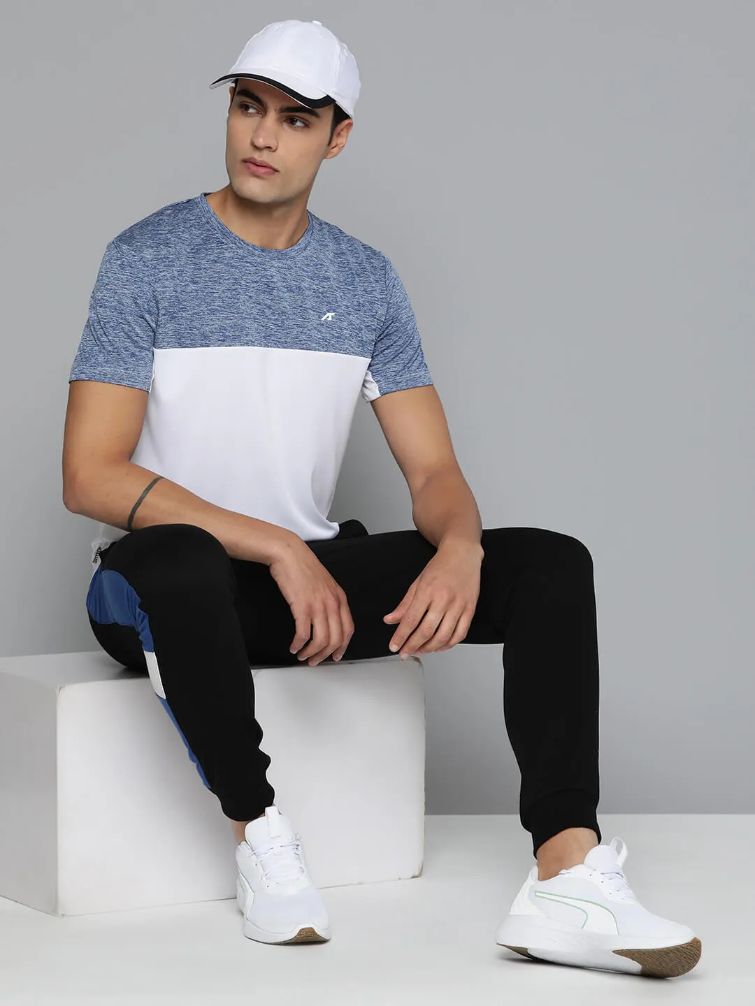 Alcis Men White Blue Colourblocked Dry Tech Slim Fit Sports T-shirt