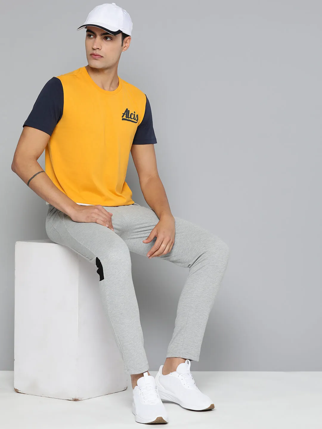 Alcis Men Yellow White Colourblocked Dry Tech Slim Fit Sports T-shirt