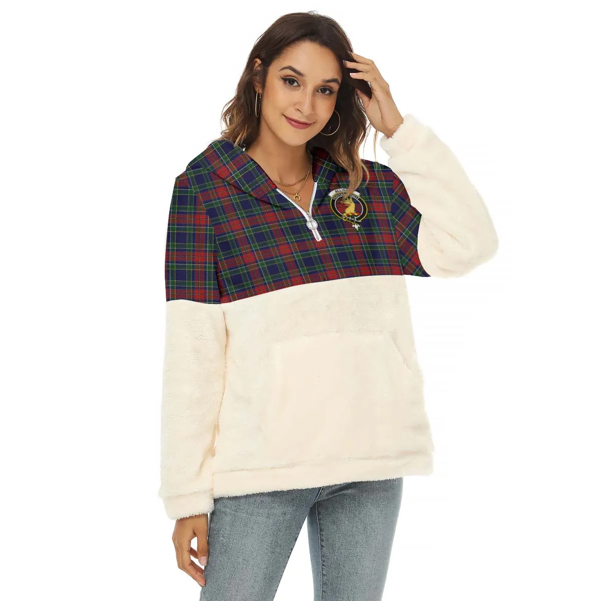 Allison Red Tartan Women's Borg Fleece Hoodie With Half Zip with Family Crest