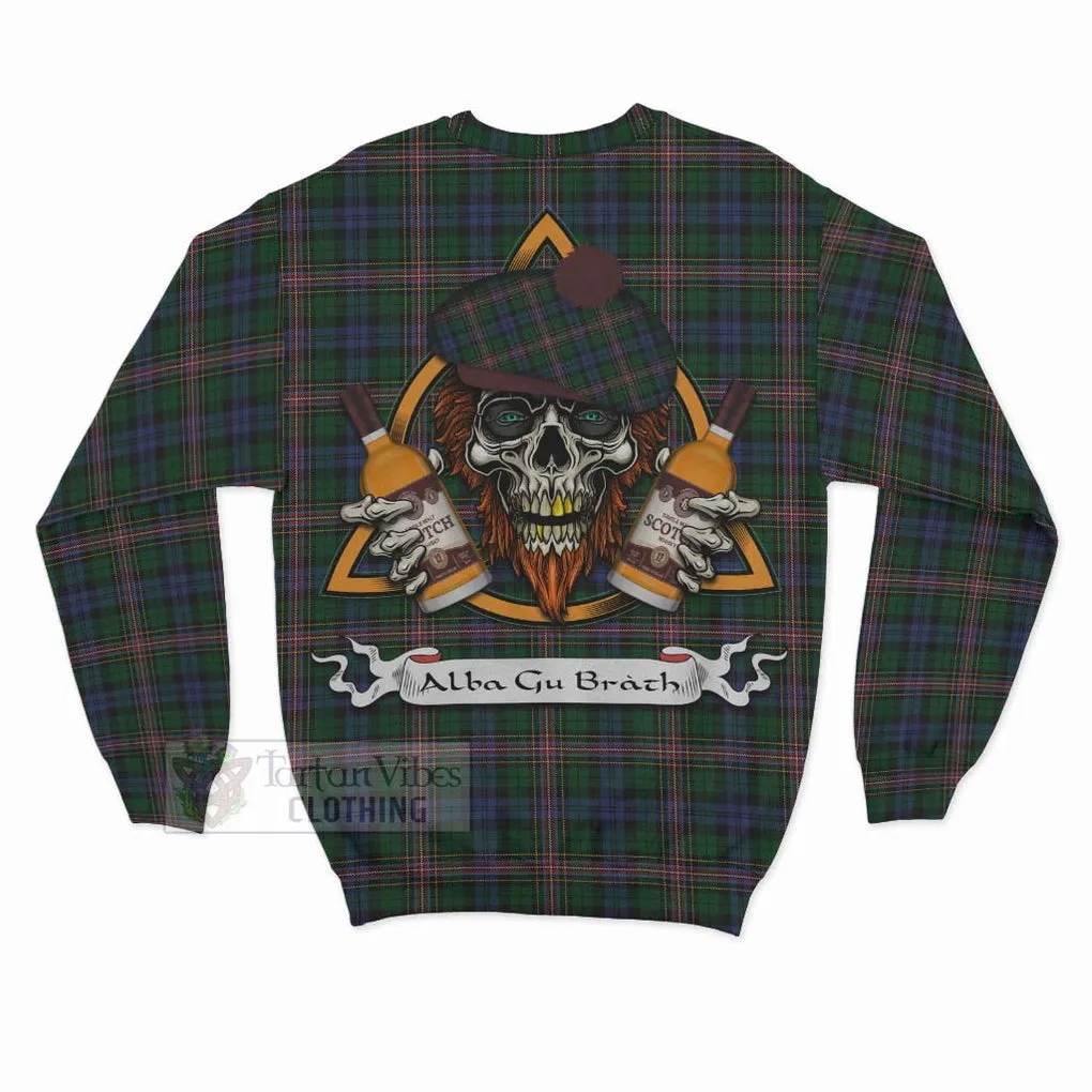 Allison Tartan Sweatshirt with Family Crest and Bearded Skull Holding Bottles of Whiskey