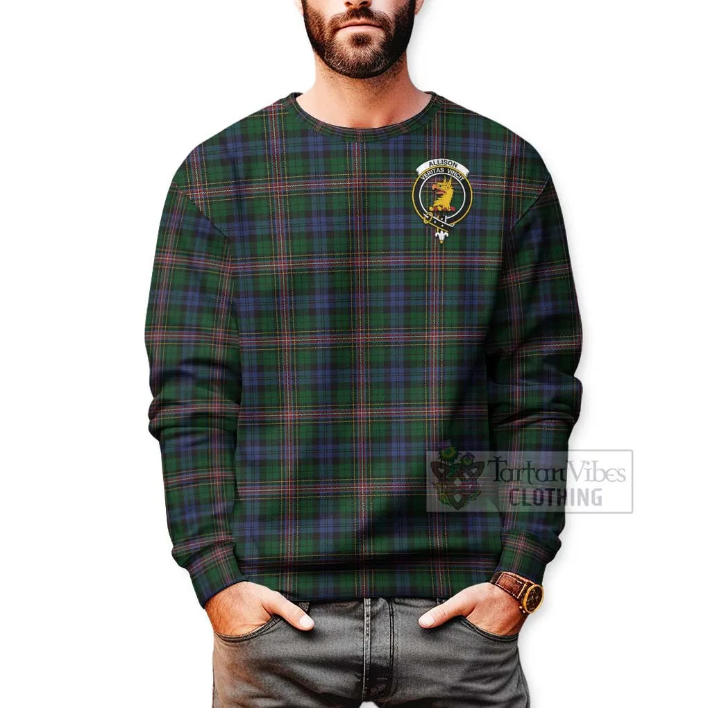 Allison Tartan Sweatshirt with Family Crest and Bearded Skull Holding Bottles of Whiskey