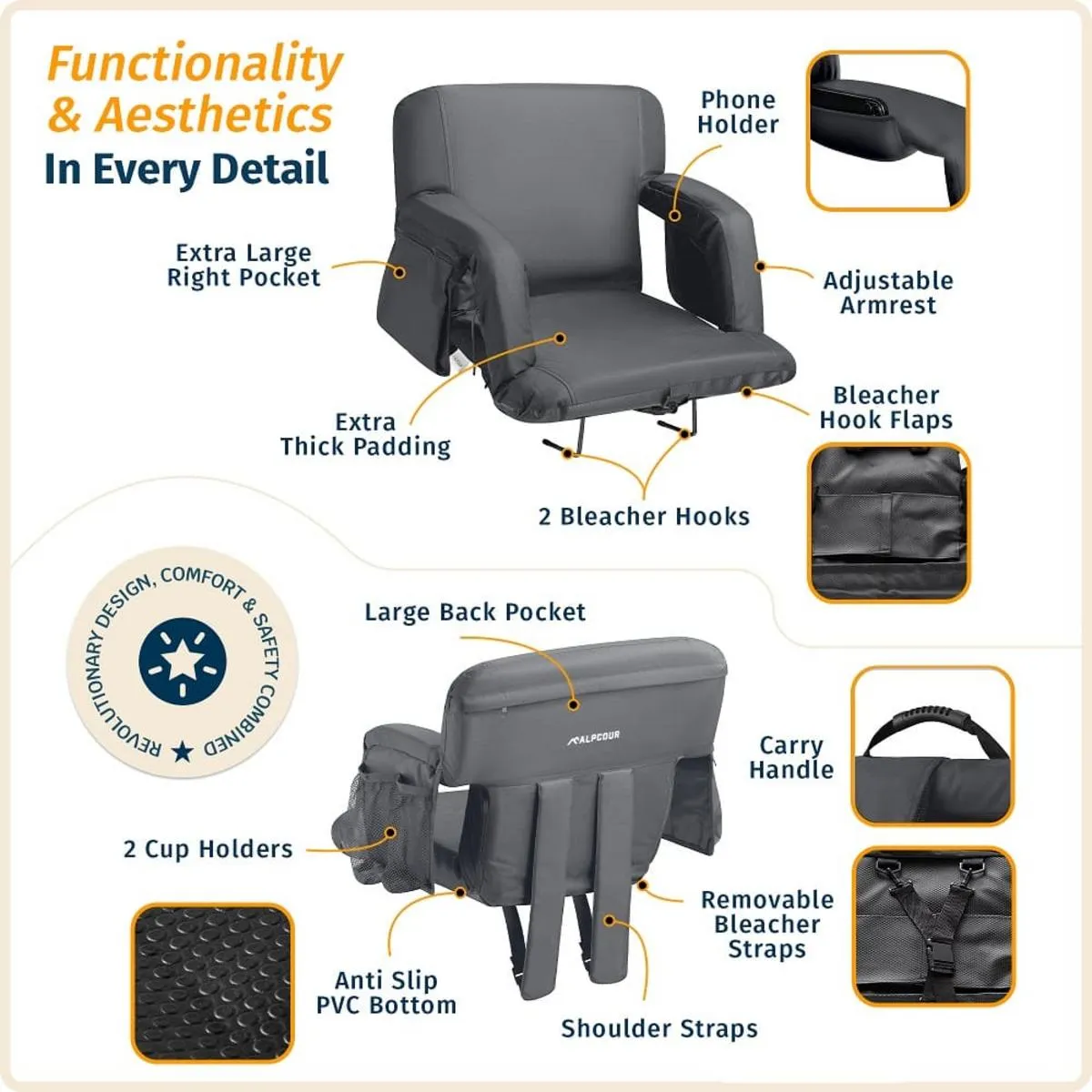 Alpcour Premium Reclining Stadium Seat with Armrests and Side Pockets - X-Wide