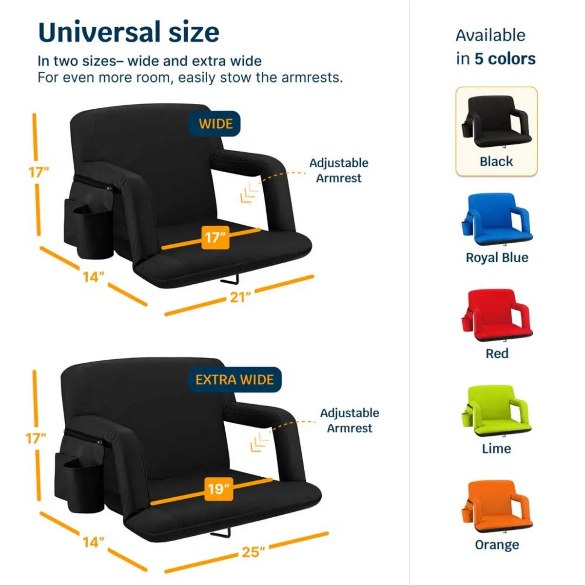 Alpcour Reclining Stadium Seat with Armrests and Side Pockets - Wide