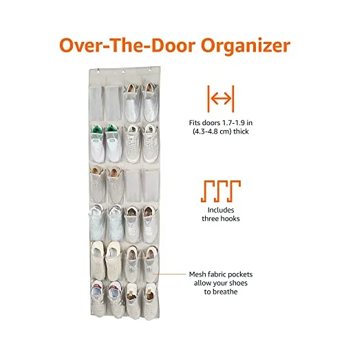 Amazon Basics Amazon Metal Basics 24 Pair Over-The-Door Shoe Organizer, White, Shoes