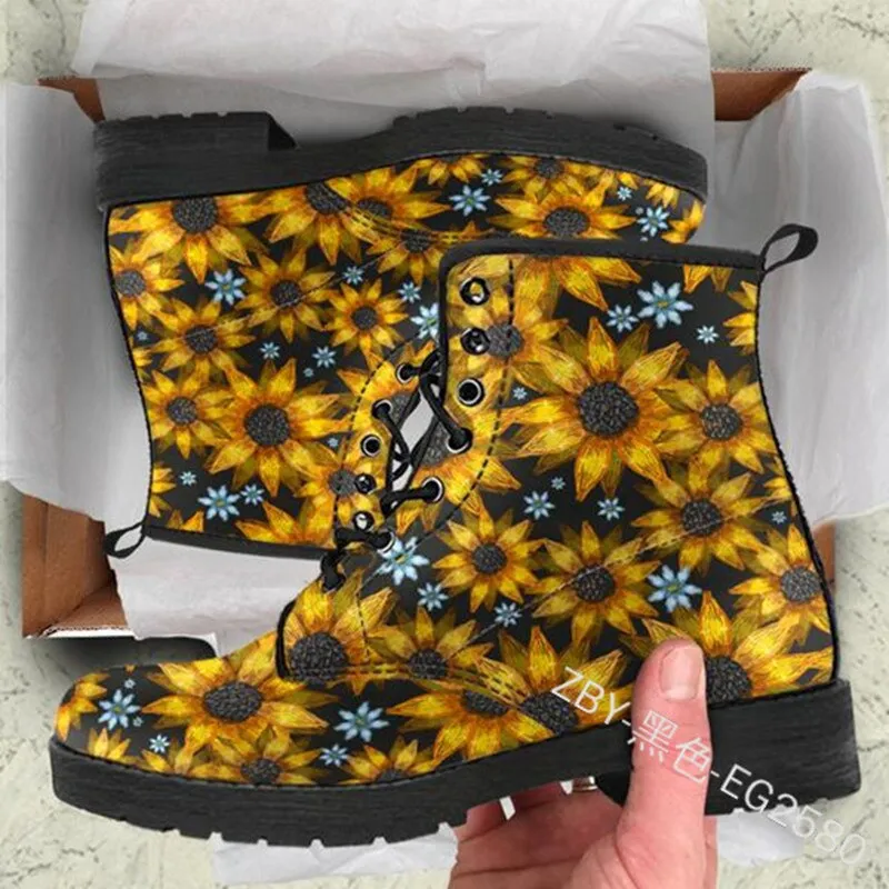 Amozae Skull Flower Print High-Top Boots Women Boot Autumn Winter Fashion Women Tooling Ankle Boots Women Boots Women Botas Mujer