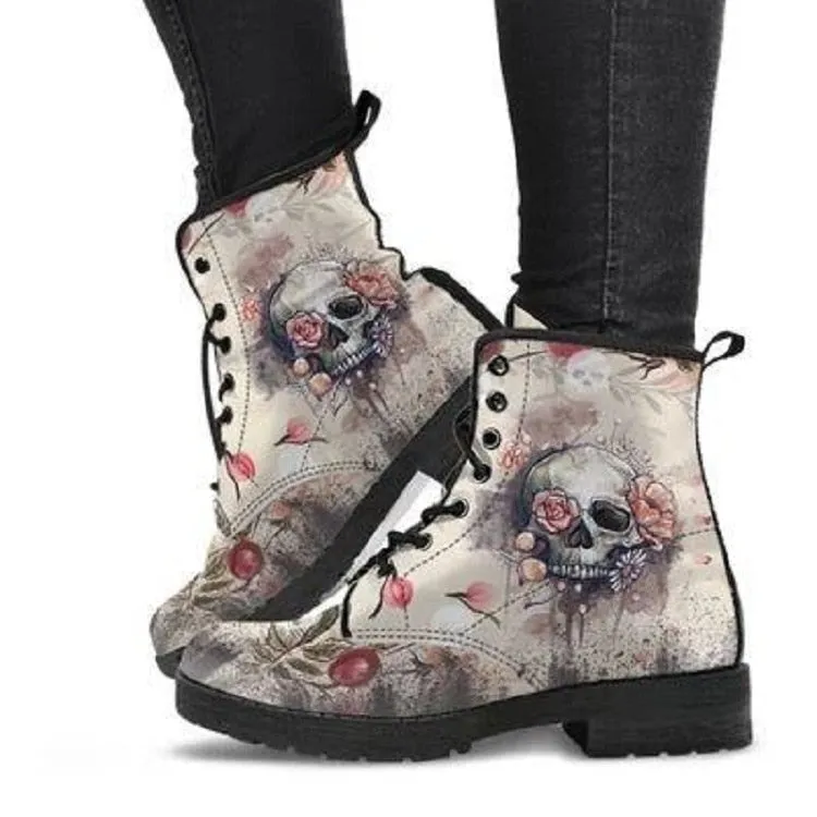 Amozae Skull Flower Print High-Top Boots Women Boot Autumn Winter Fashion Women Tooling Ankle Boots Women Boots Women Botas Mujer