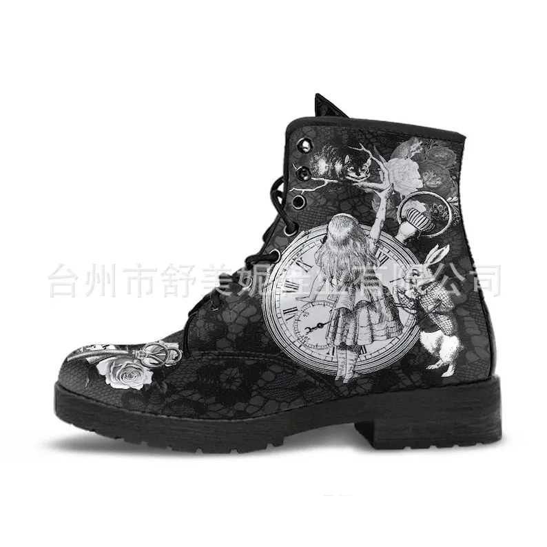 Amozae Skull Flower Print High-Top Boots Women Boot Autumn Winter Fashion Women Tooling Ankle Boots Women Boots Women Botas Mujer