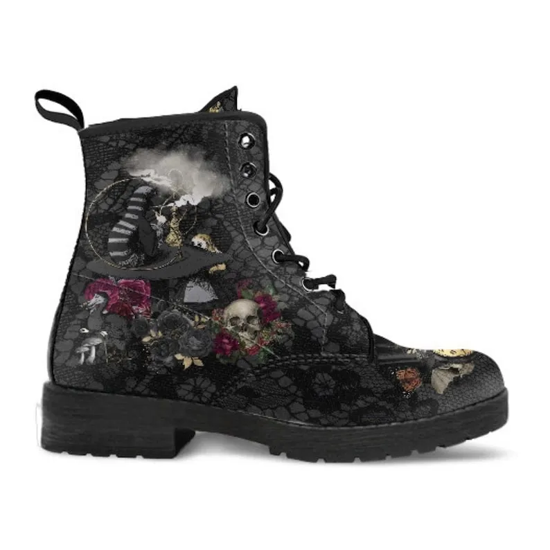 Amozae Skull Flower Print High-Top Boots Women Boot Autumn Winter Fashion Women Tooling Ankle Boots Women Boots Women Botas Mujer