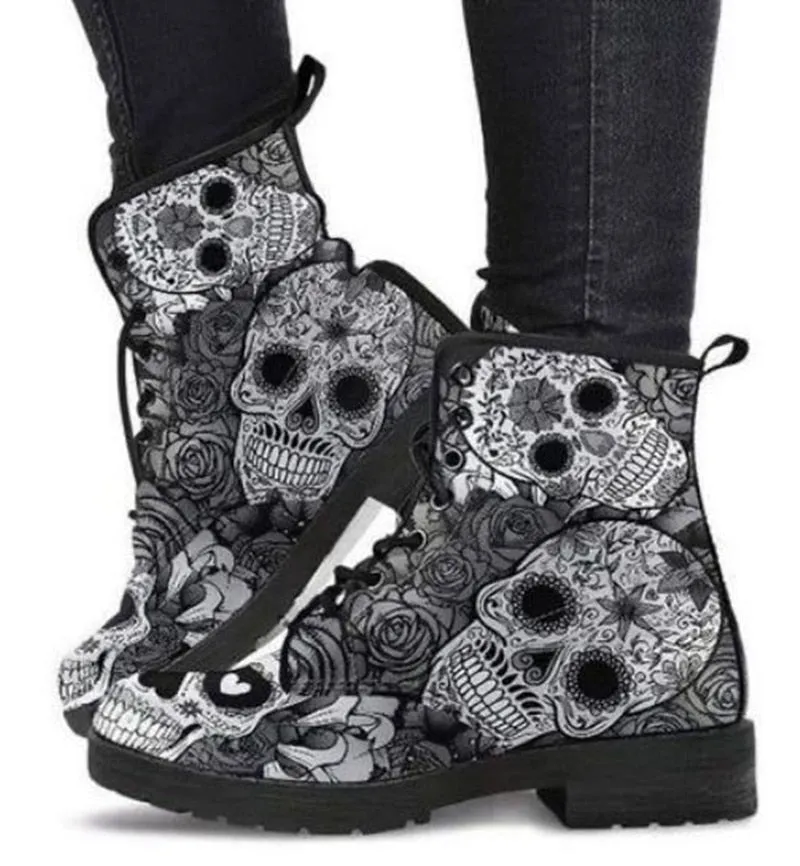 Amozae Skull Flower Print High-Top Boots Women Boot Autumn Winter Fashion Women Tooling Ankle Boots Women Boots Women Botas Mujer