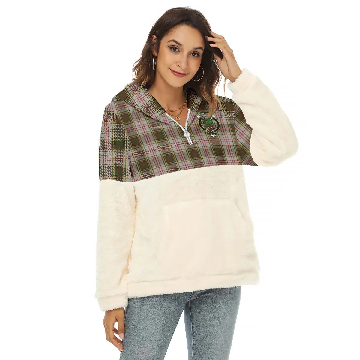 Anderson Dress Tartan Women's Borg Fleece Hoodie With Half Zip with Family Crest